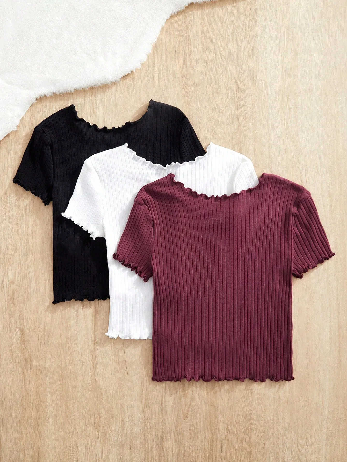 3pcs Knitted Solid Color Flounce Collar Casual T-Shirts for Tween Girls - Slim Fit, Short Sleeve