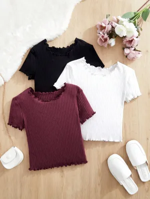 3pcs Knitted Solid Color Flounce Collar Casual T-Shirts for Tween Girls - Slim Fit, Short Sleeve