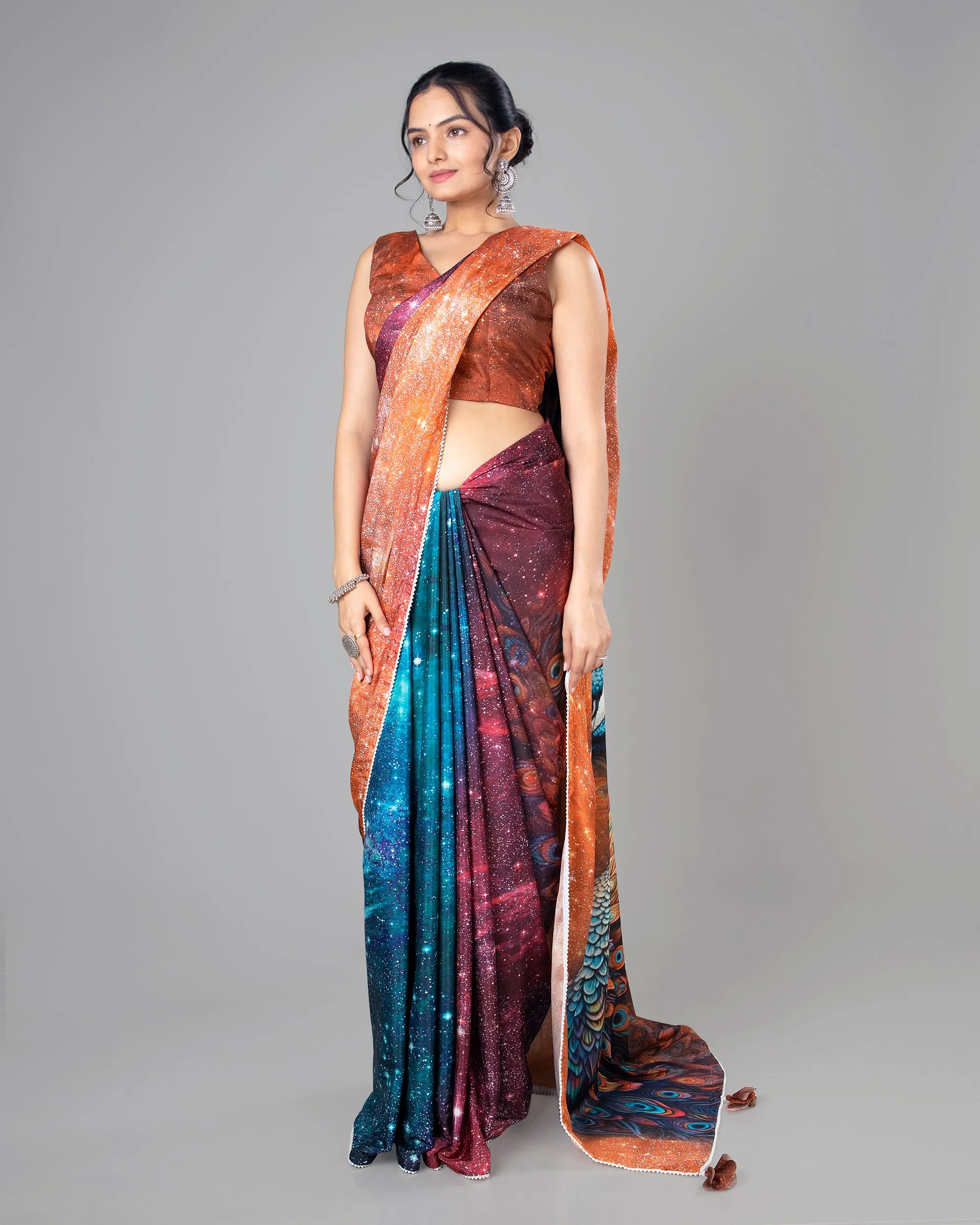 Attractive Peacock Designer Pre-Draped Silk Saree