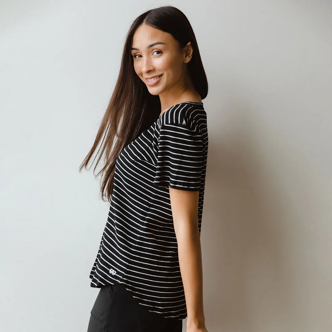 Basic V Neck Tee, Chunky Black and White Stripe