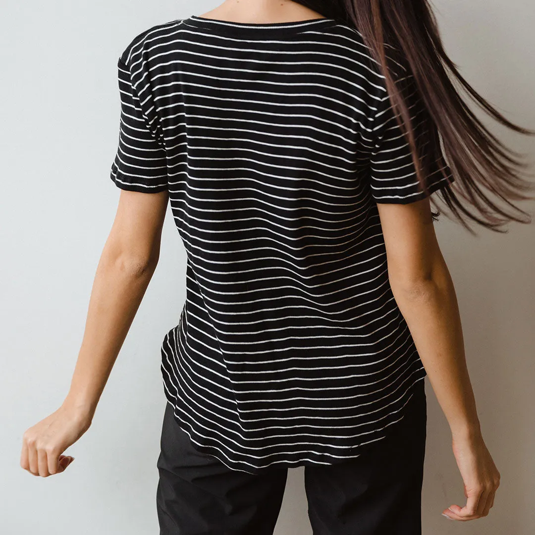 Basic V Neck Tee, Chunky Black and White Stripe