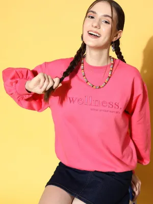 Berrylush Women Pink Typography Printed Round Neck Ribbed Pullover Regular Sweatshirt