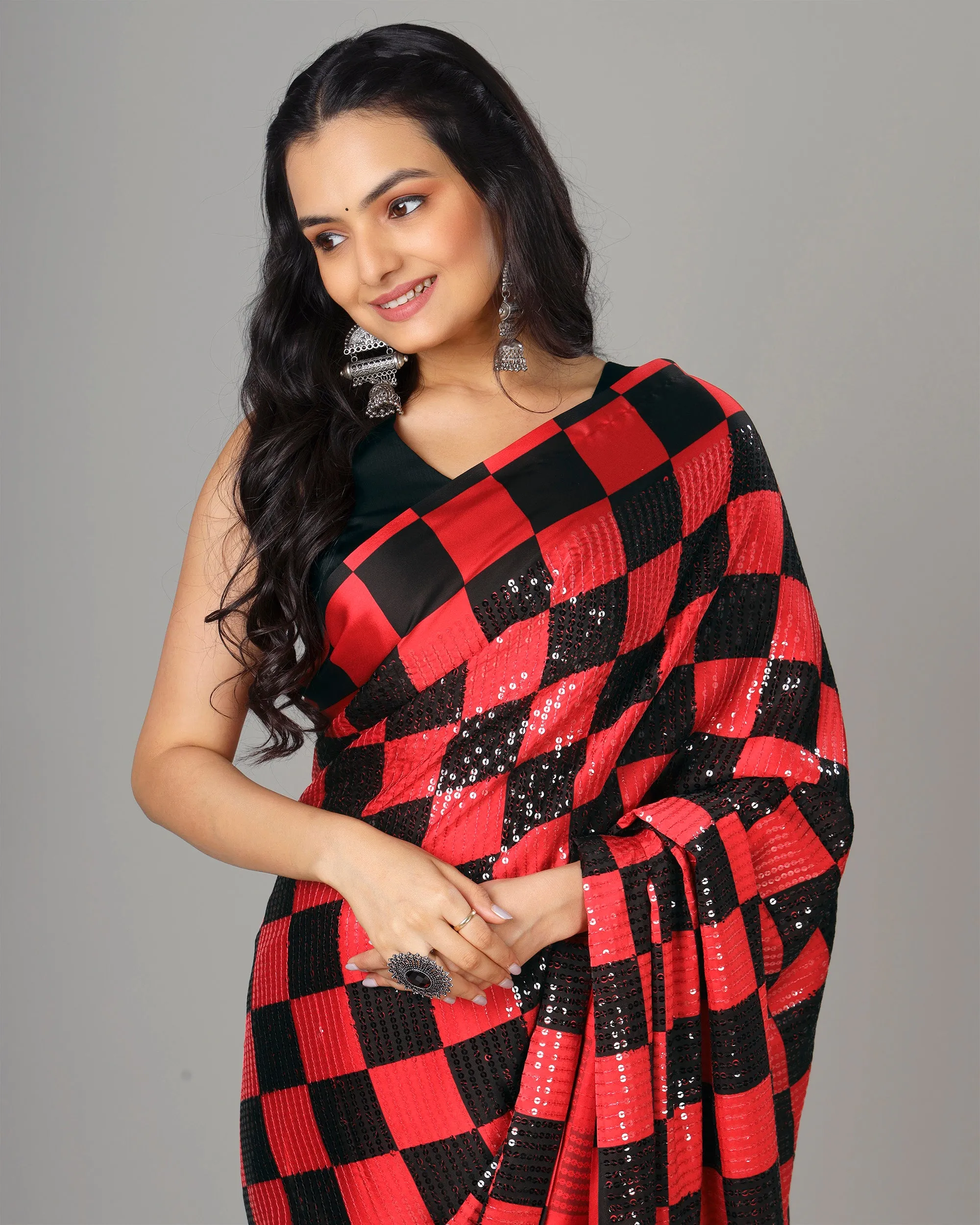 Bestselling Water Sequins Checked Women's Designer Bollywood Ready To Wear Saree