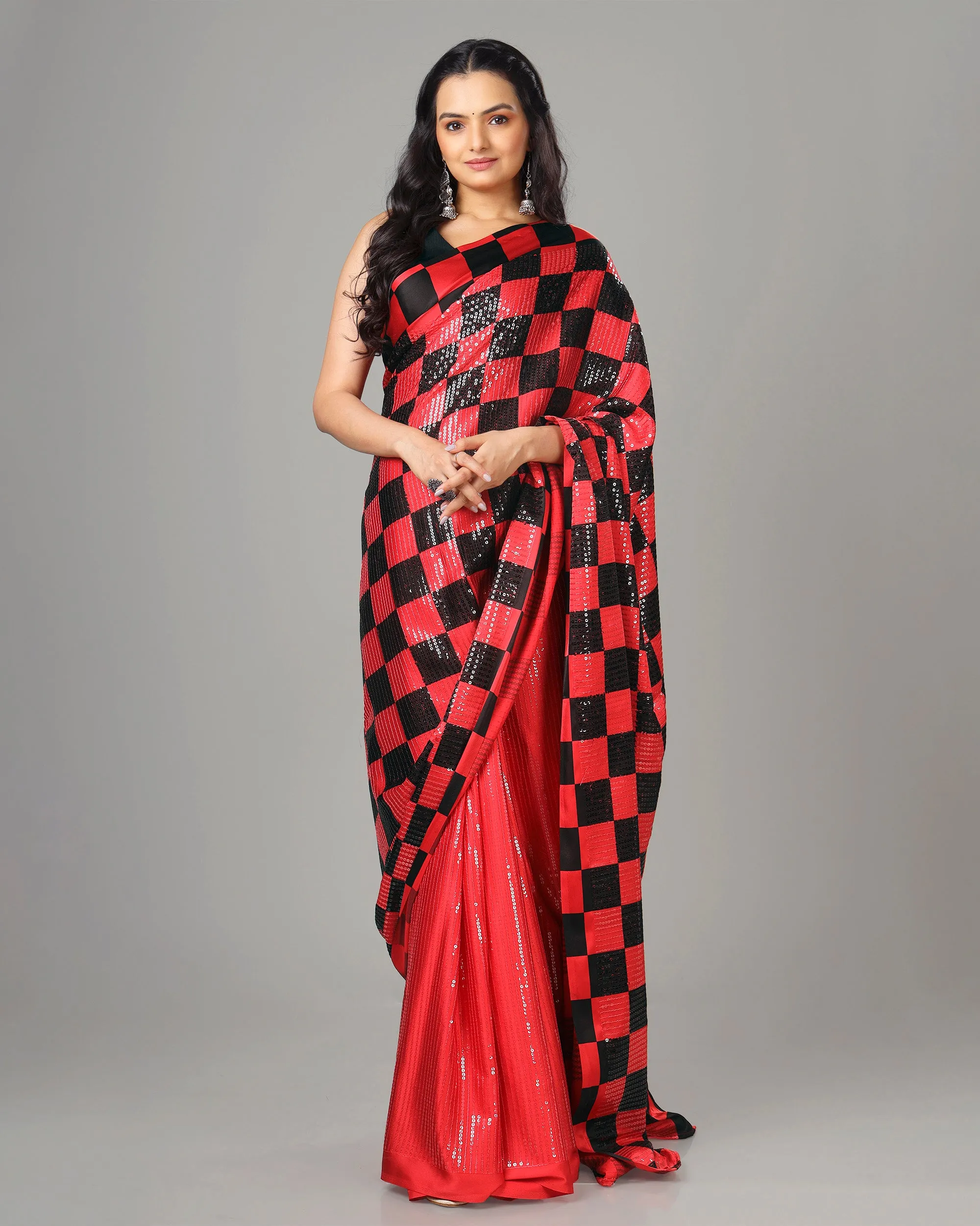 Bestselling Water Sequins Checked Women's Designer Bollywood Ready To Wear Saree