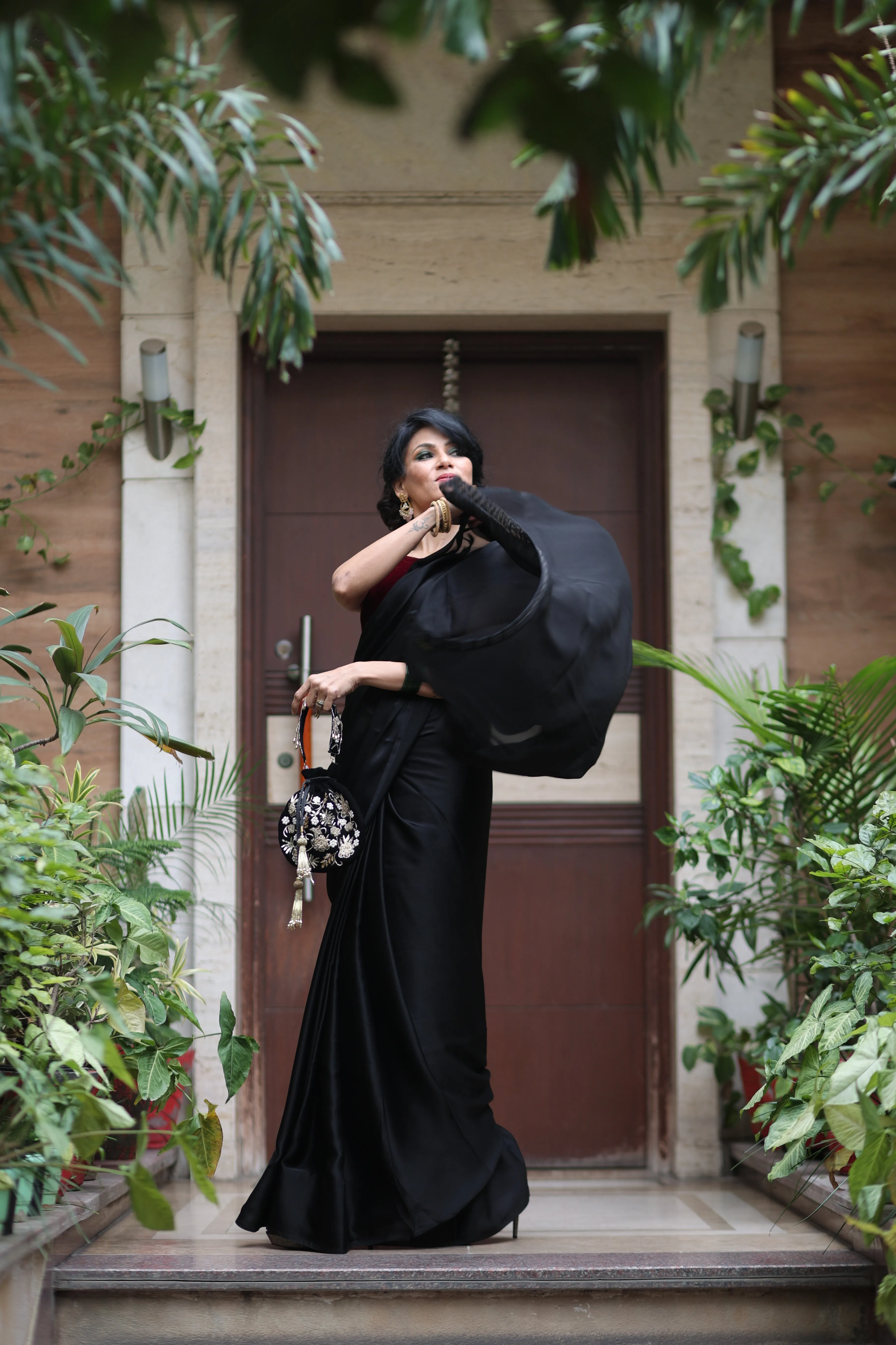 Black Satin Beauty Saree with Black Lace