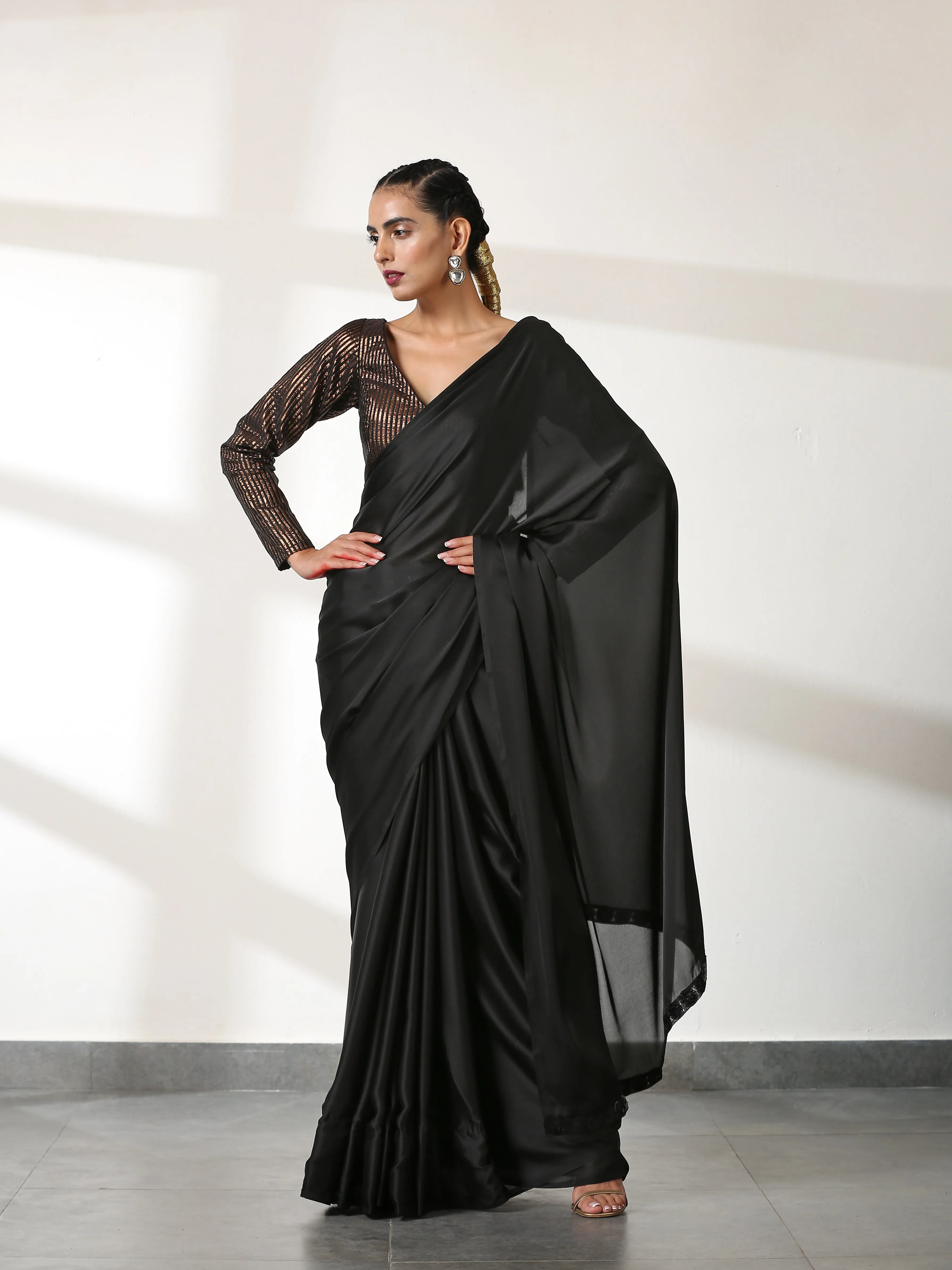 Black Satin Beauty Saree with Black Lace