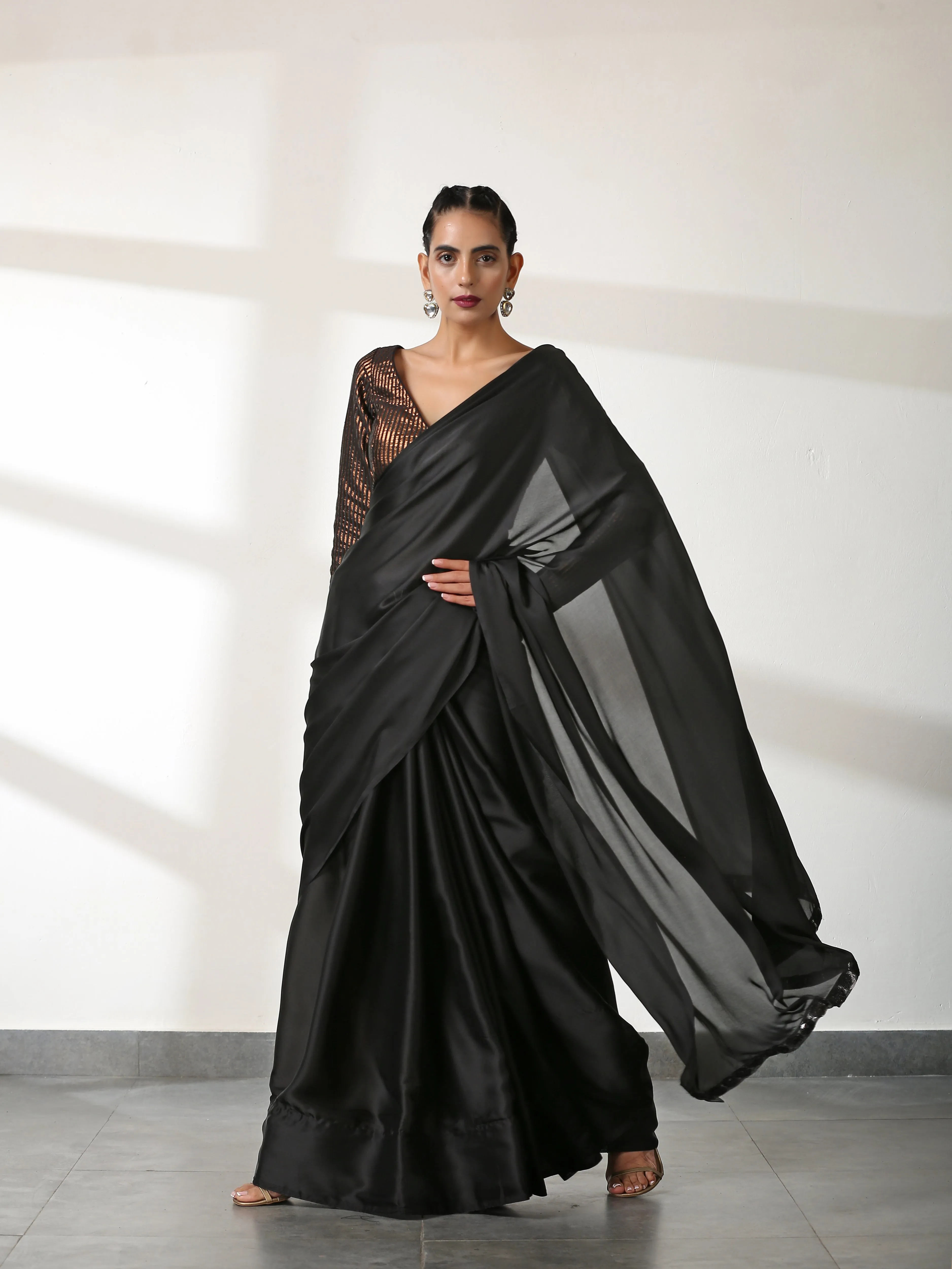 Black Satin Beauty Saree with Black Lace