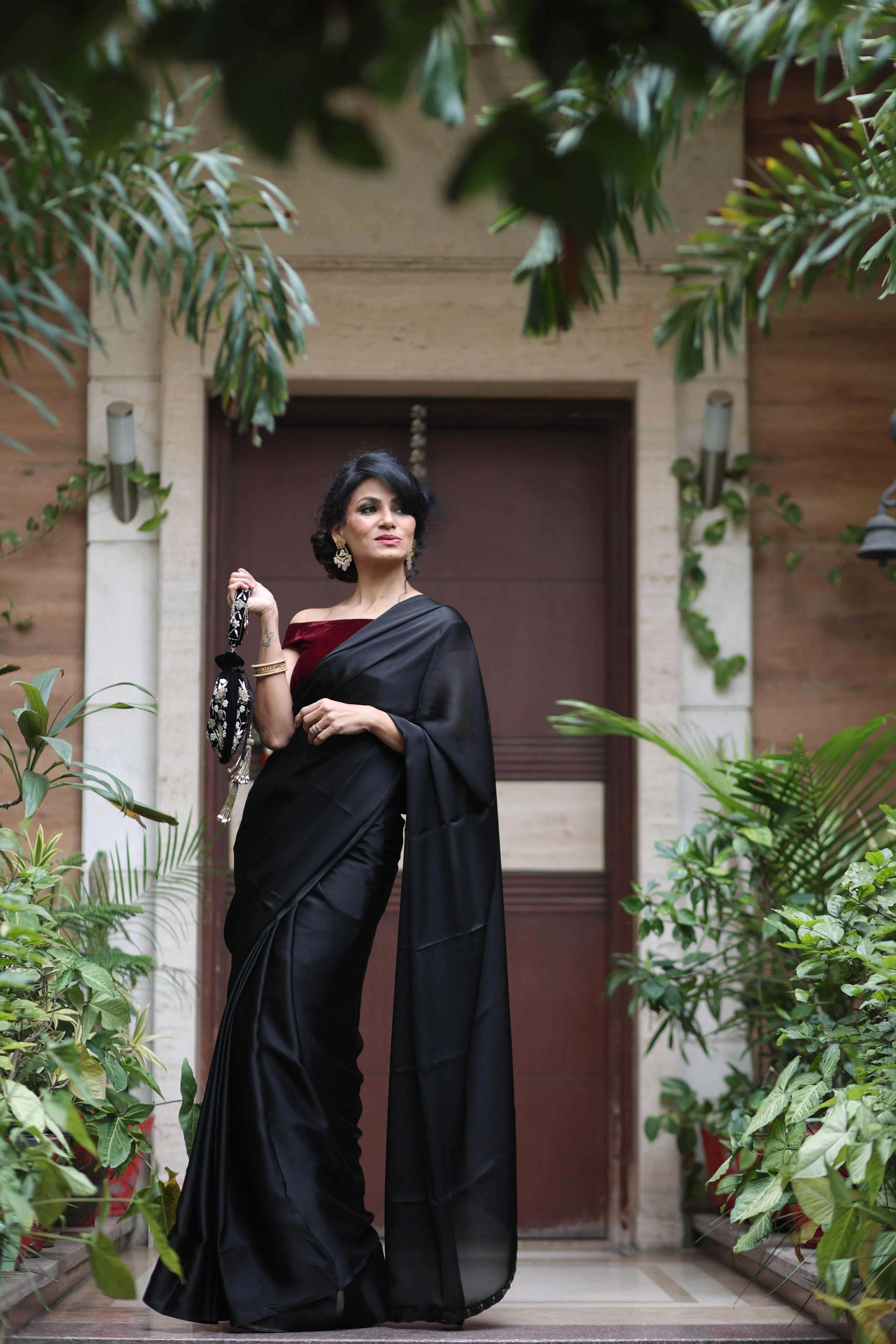 Black Satin Beauty Saree with Black Lace