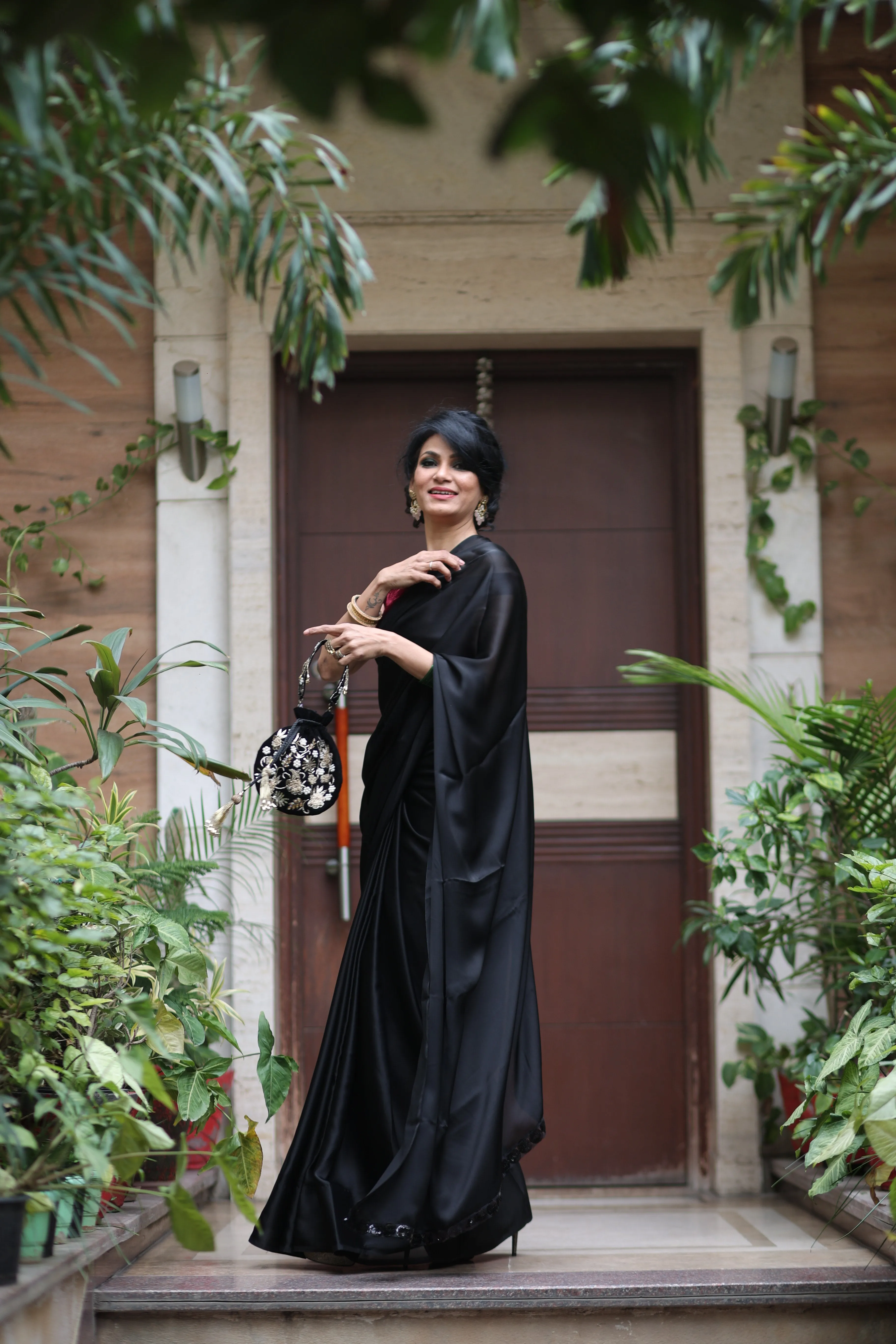 Black Satin Beauty Saree with Black Lace