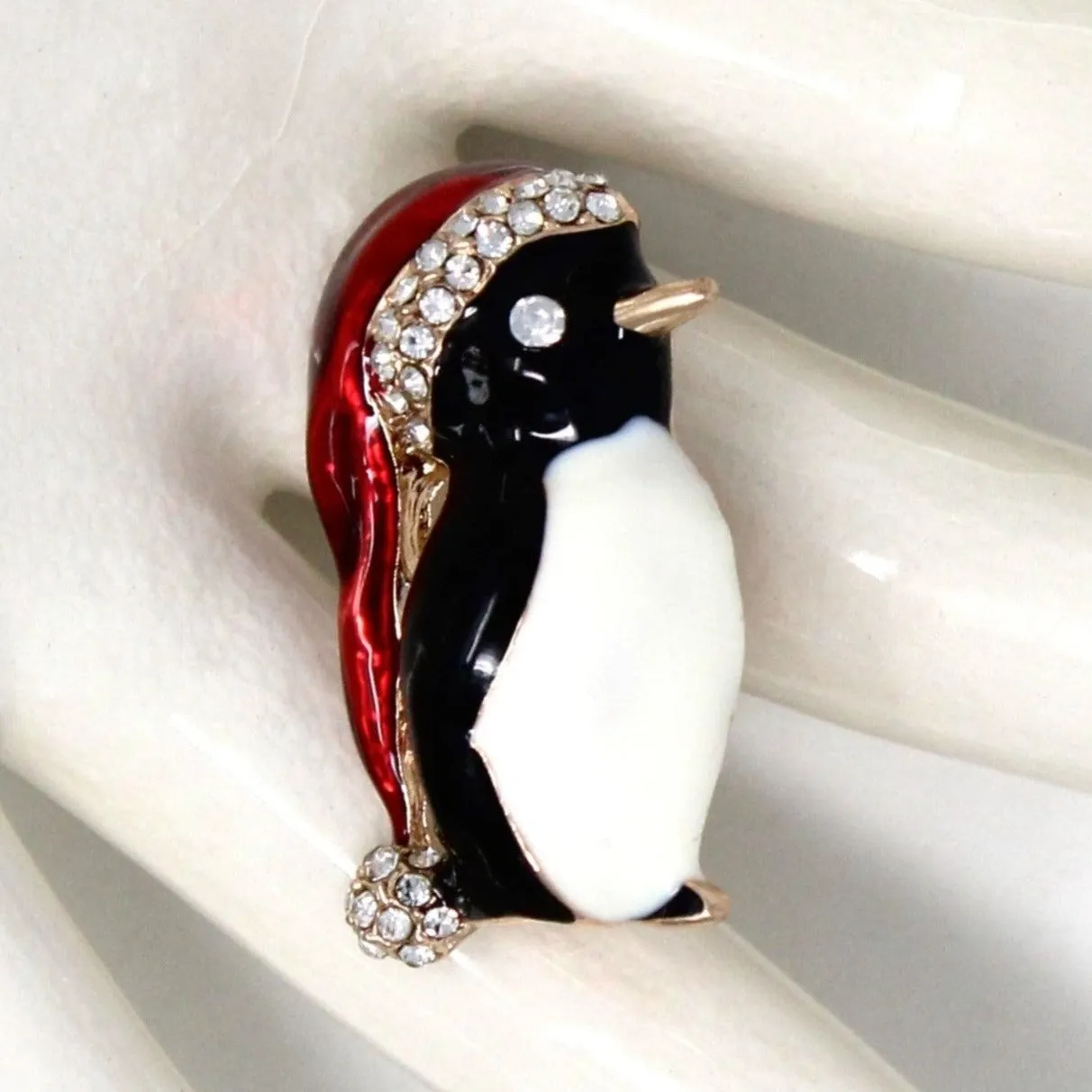 Brooch / Pin, Bird Penguin Red & Black Enameled with Clear Rhinestones, Christmas