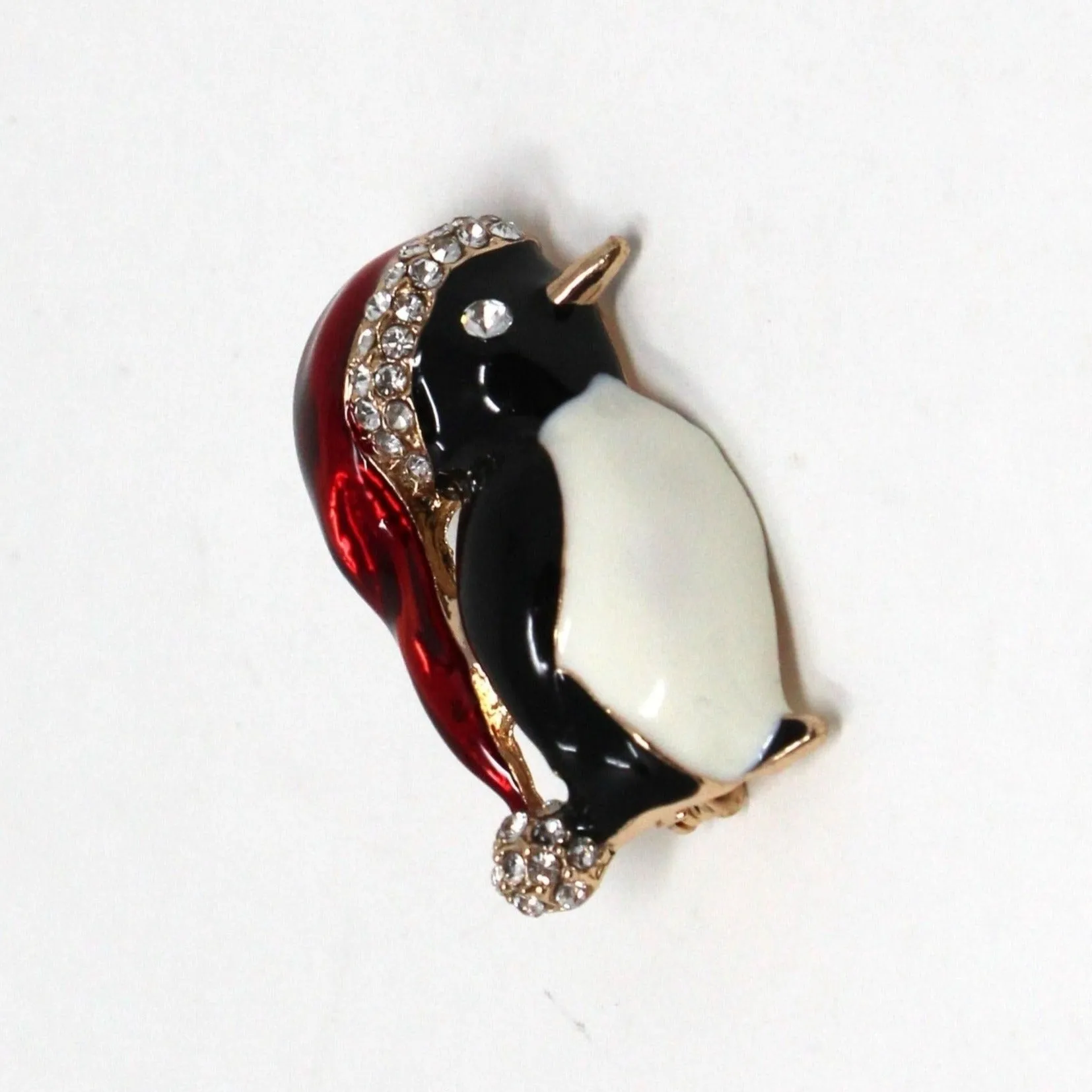 Brooch / Pin, Bird Penguin Red & Black Enameled with Clear Rhinestones, Christmas