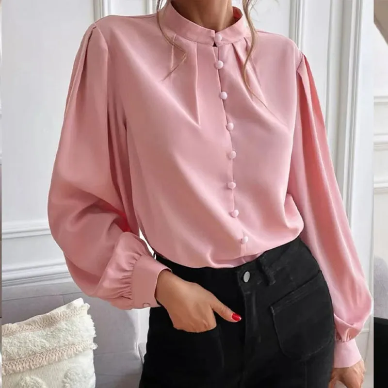 Button Up Stand Collar Long Sleeve Shirt