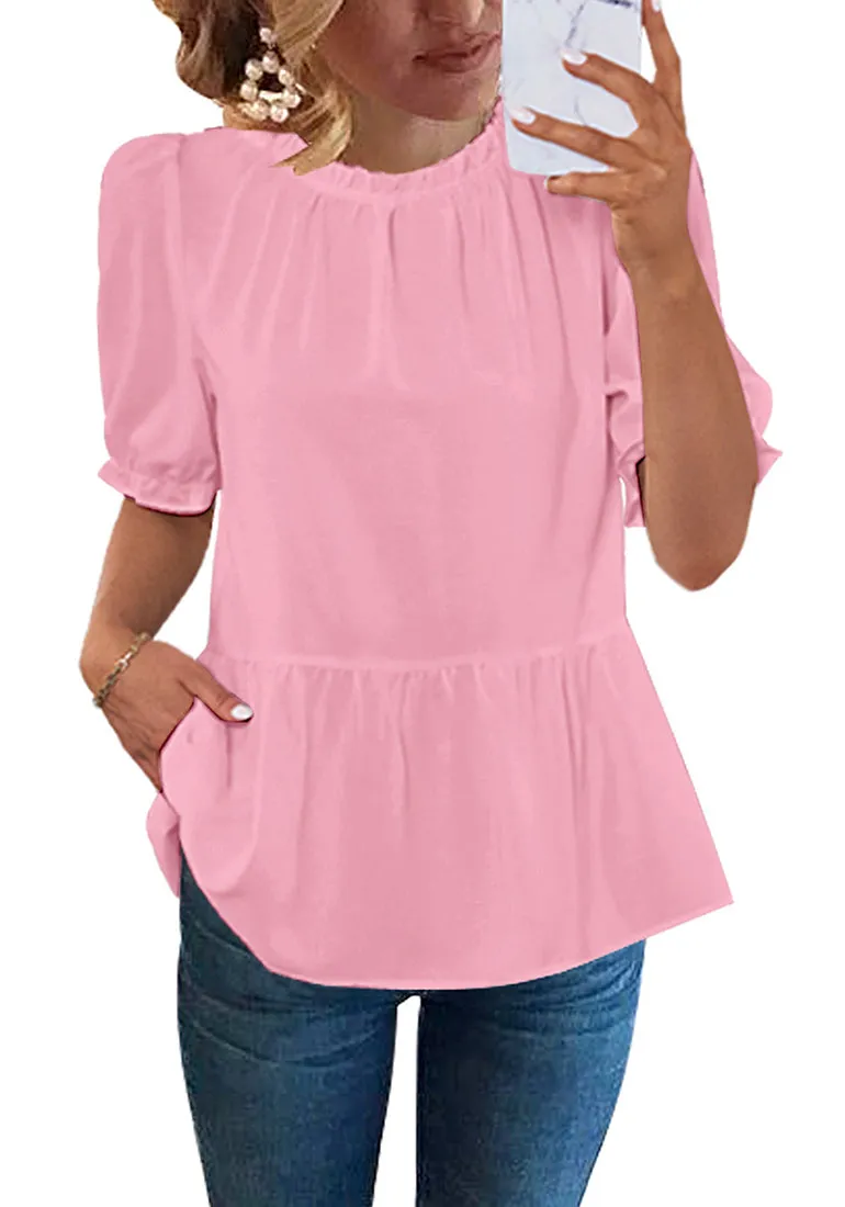 Candy Pink 2023 Blouses for Women Dressy Casual Peplum Tops Puff Sleeve Ruffle Mock Neck Dress Shirt Flowy Summer