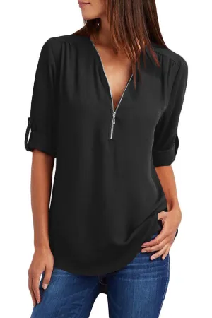 Casual V Neck Zip up Half Sleeve Black Blouse