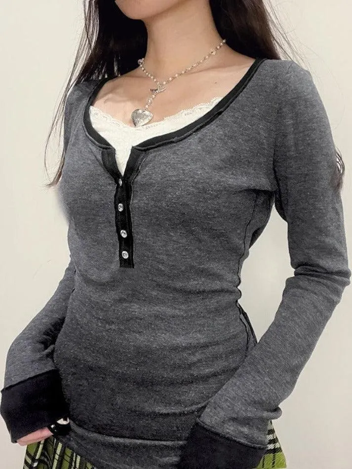 Contrast Color Breasted U Neck Long Sleeve Tee