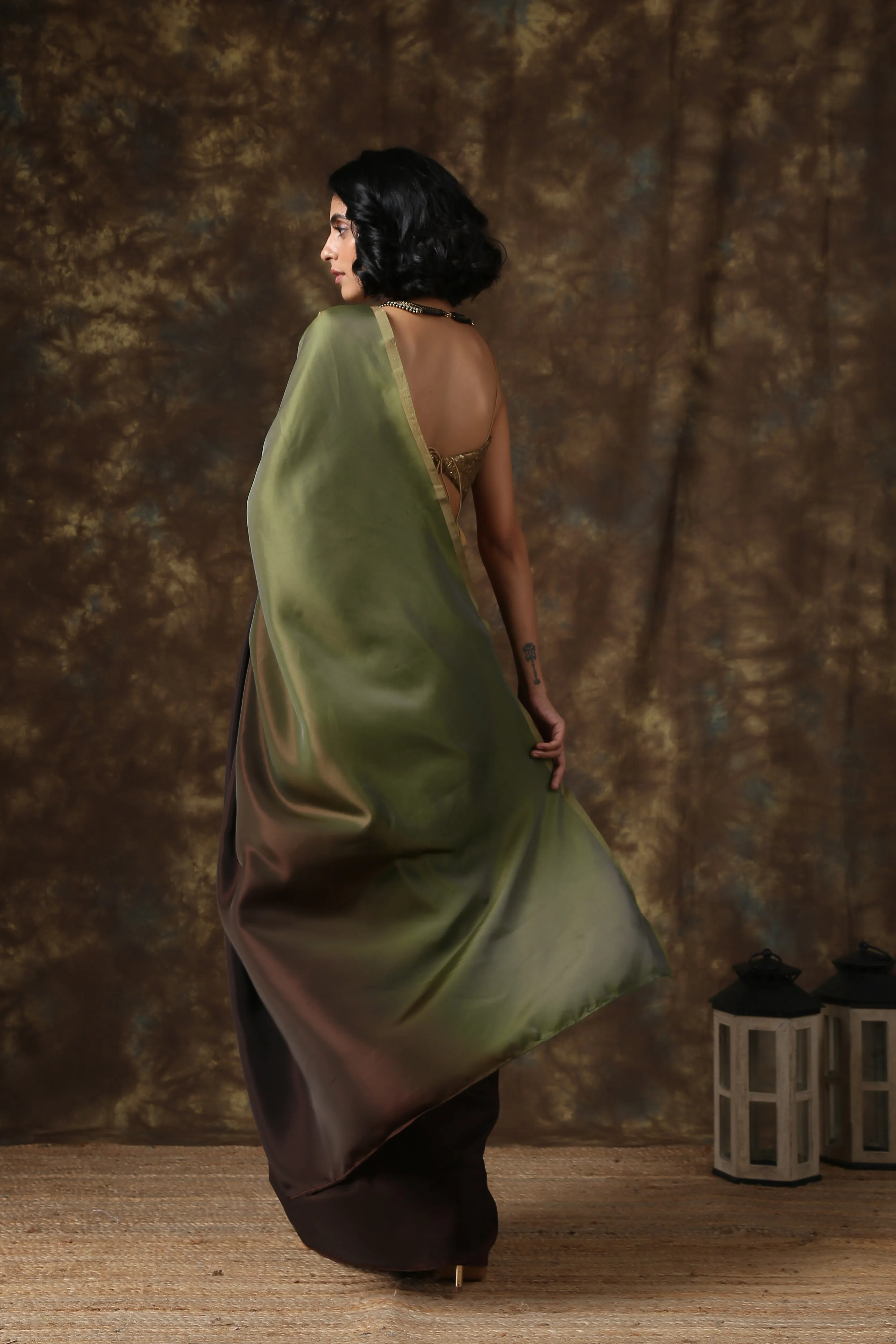 Dark Chocolate & Green Satin Ombre' Saree