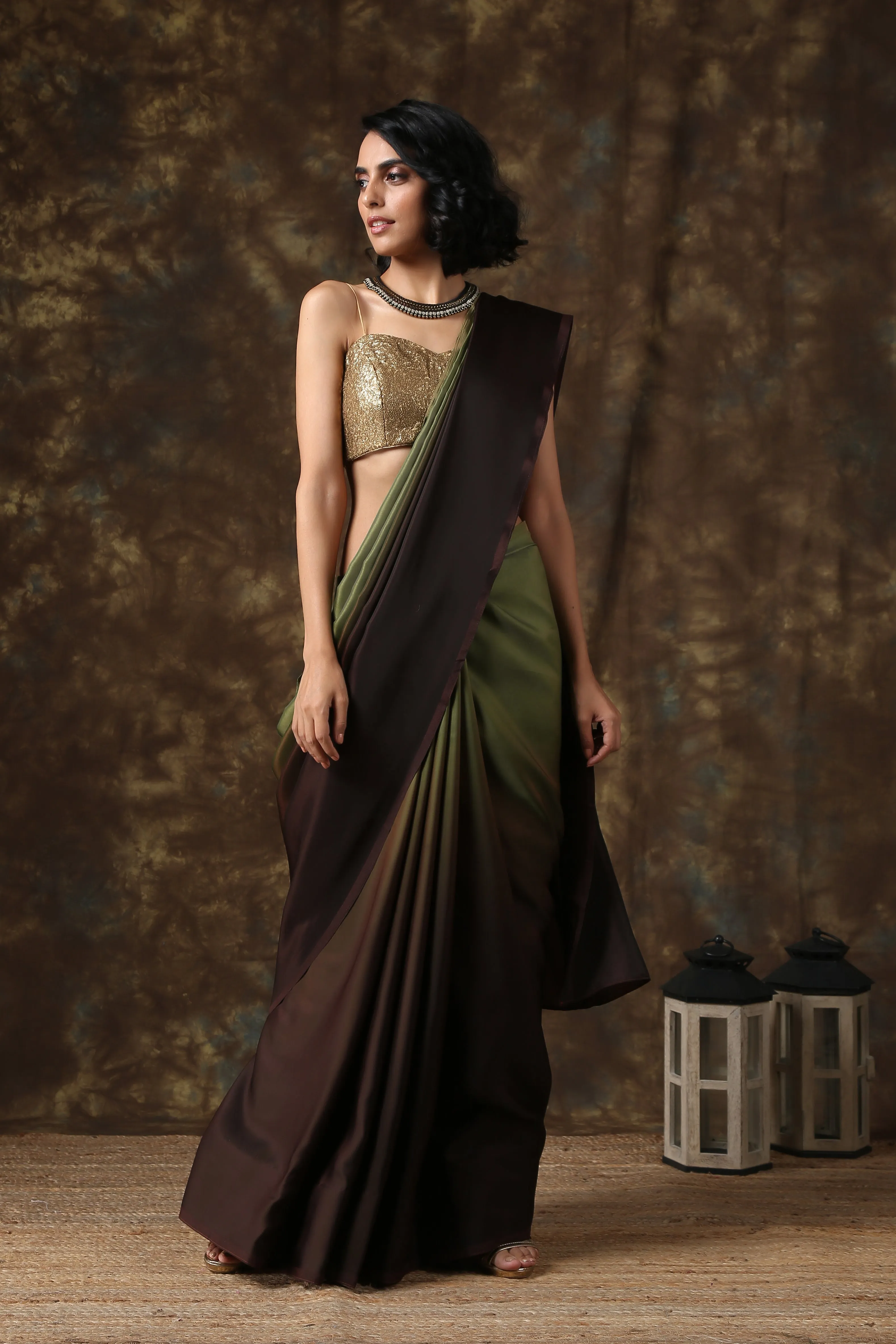 Dark Chocolate & Green Satin Ombre' Saree