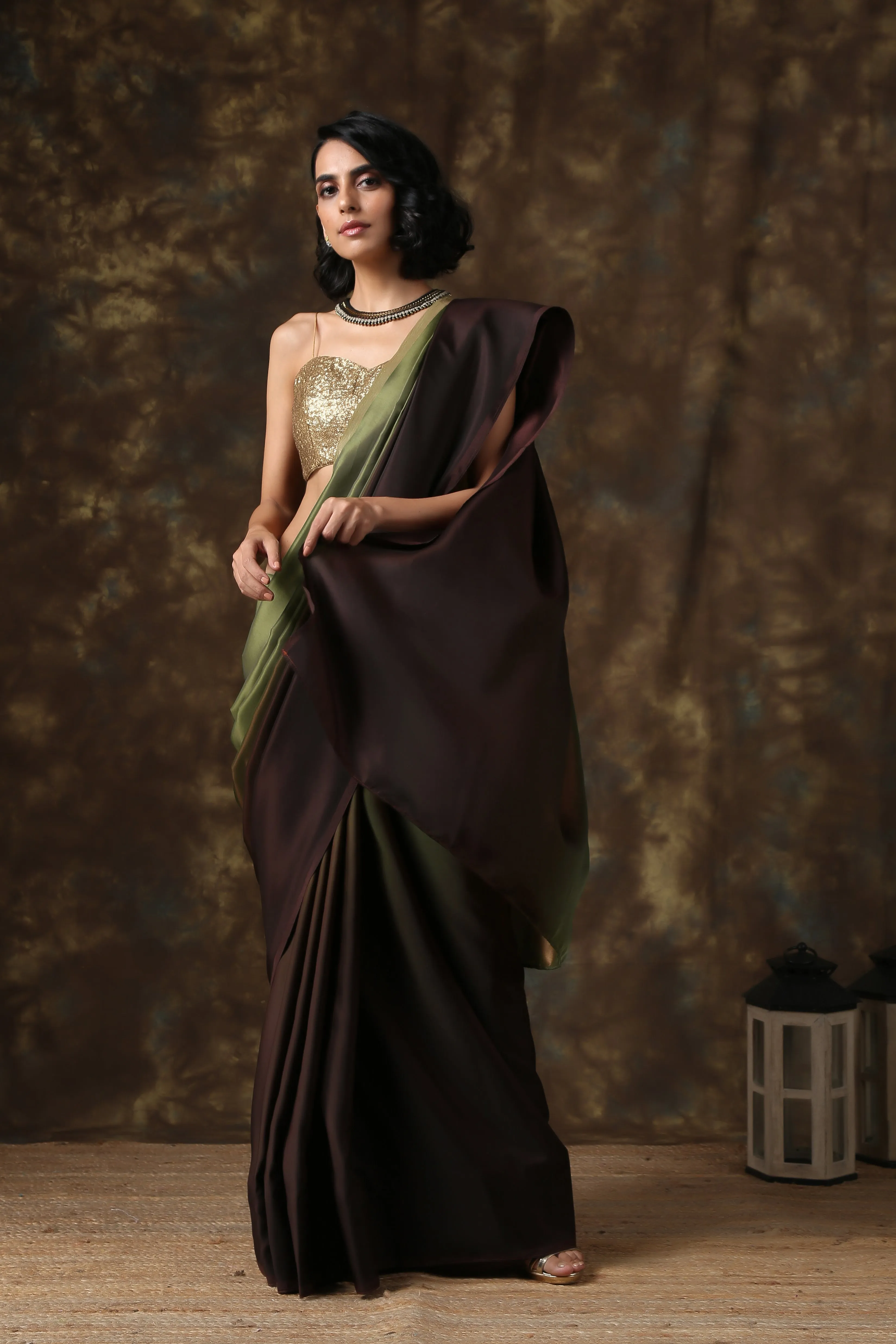 Dark Chocolate & Green Satin Ombre' Saree