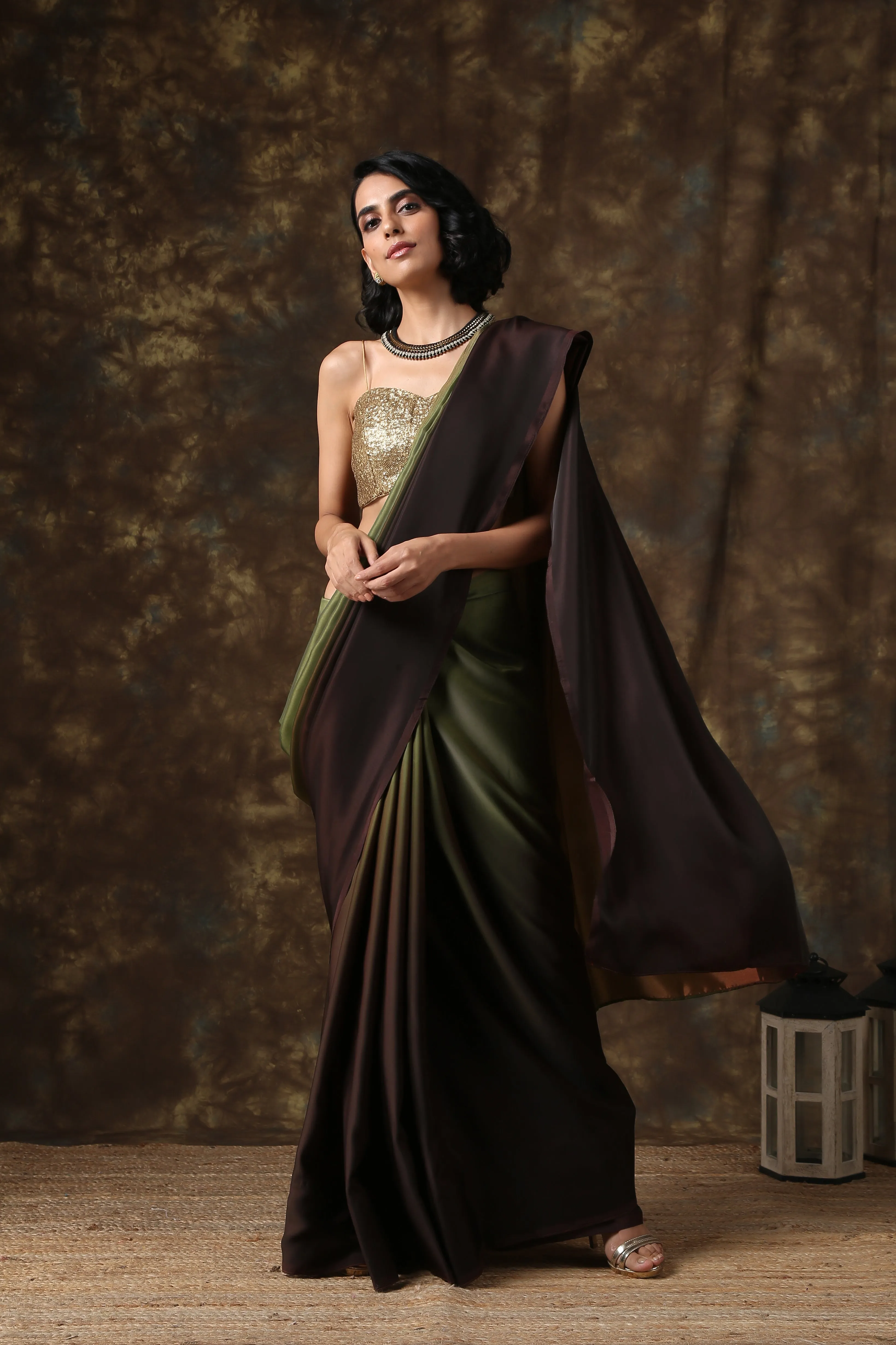 Dark Chocolate & Green Satin Ombre' Saree