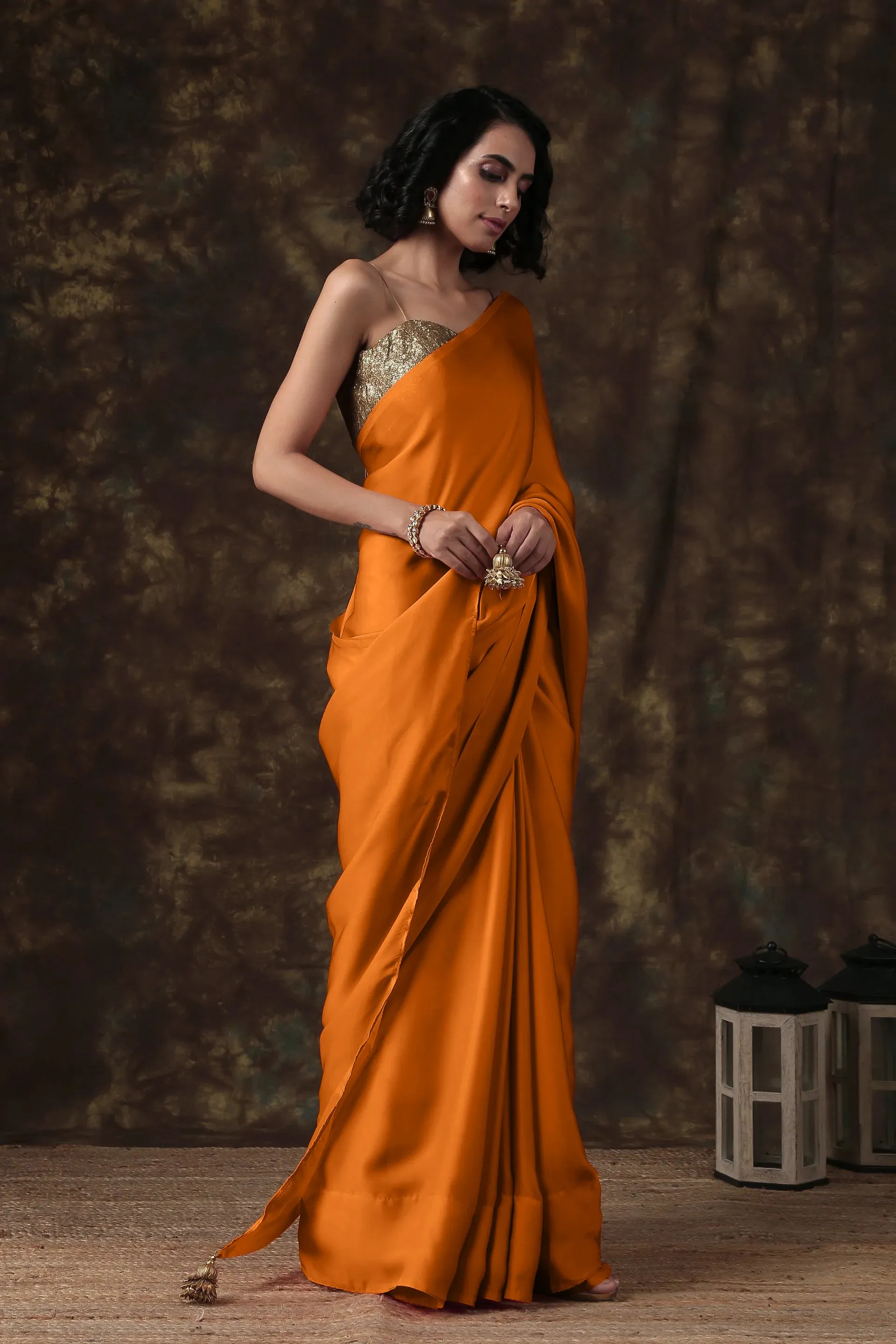 Exotic Tangerine Angel Satin Saree