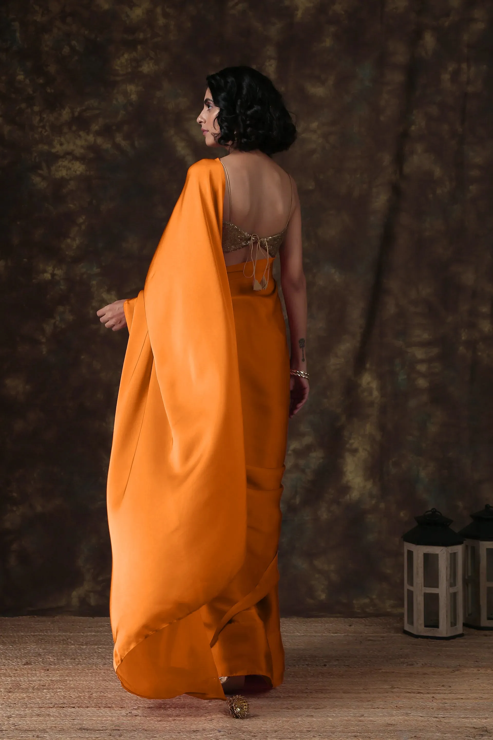 Exotic Tangerine Angel Satin Saree