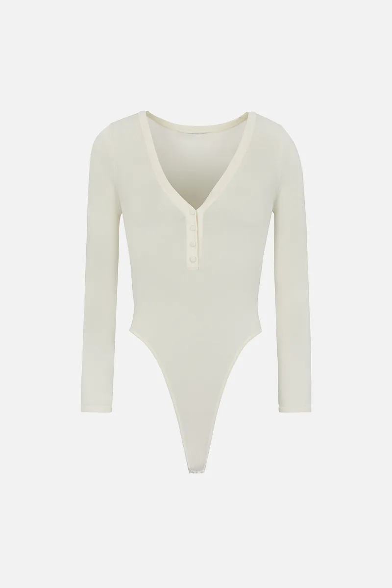 Fine Knit Henley Bodysuit - Cream