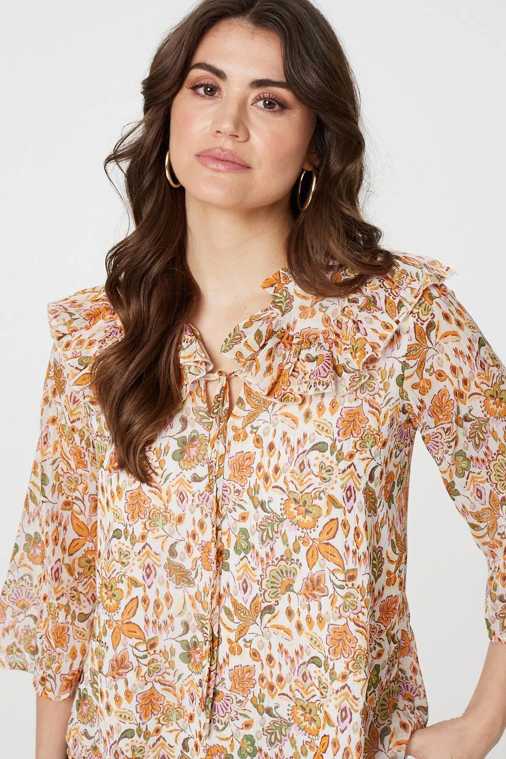 Floral Frill Detail 3/4 Sleeve Blouse