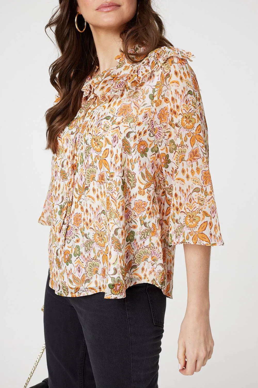 Floral Frill Detail 3/4 Sleeve Blouse