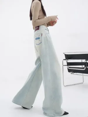 Light Blue Loose Straight Wide-Leg Denim Pants With Embroidery Design