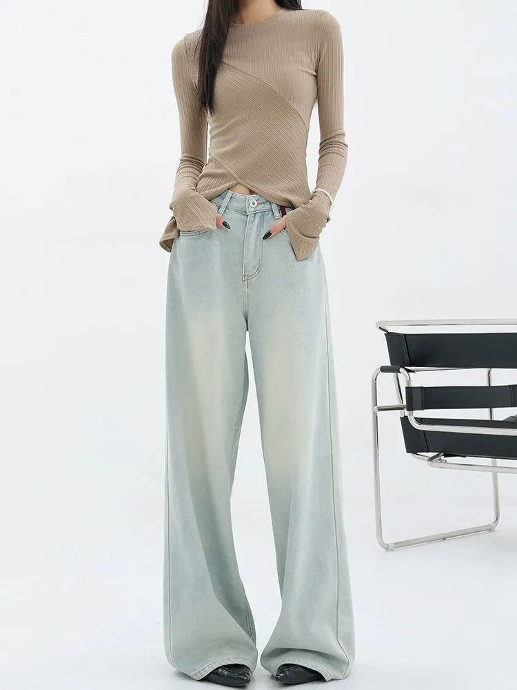 Light Blue Loose Straight Wide-Leg Denim Pants With Embroidery Design