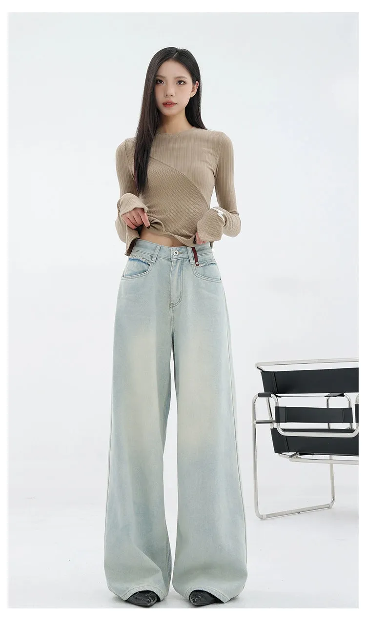 Light Blue Loose Straight Wide-Leg Denim Pants With Embroidery Design