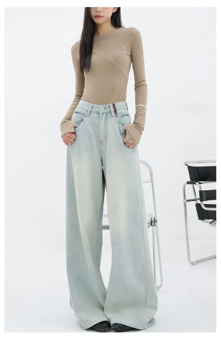 Light Blue Loose Straight Wide-Leg Denim Pants With Embroidery Design