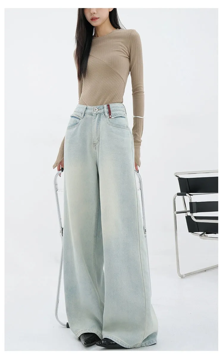 Light Blue Loose Straight Wide-Leg Denim Pants With Embroidery Design