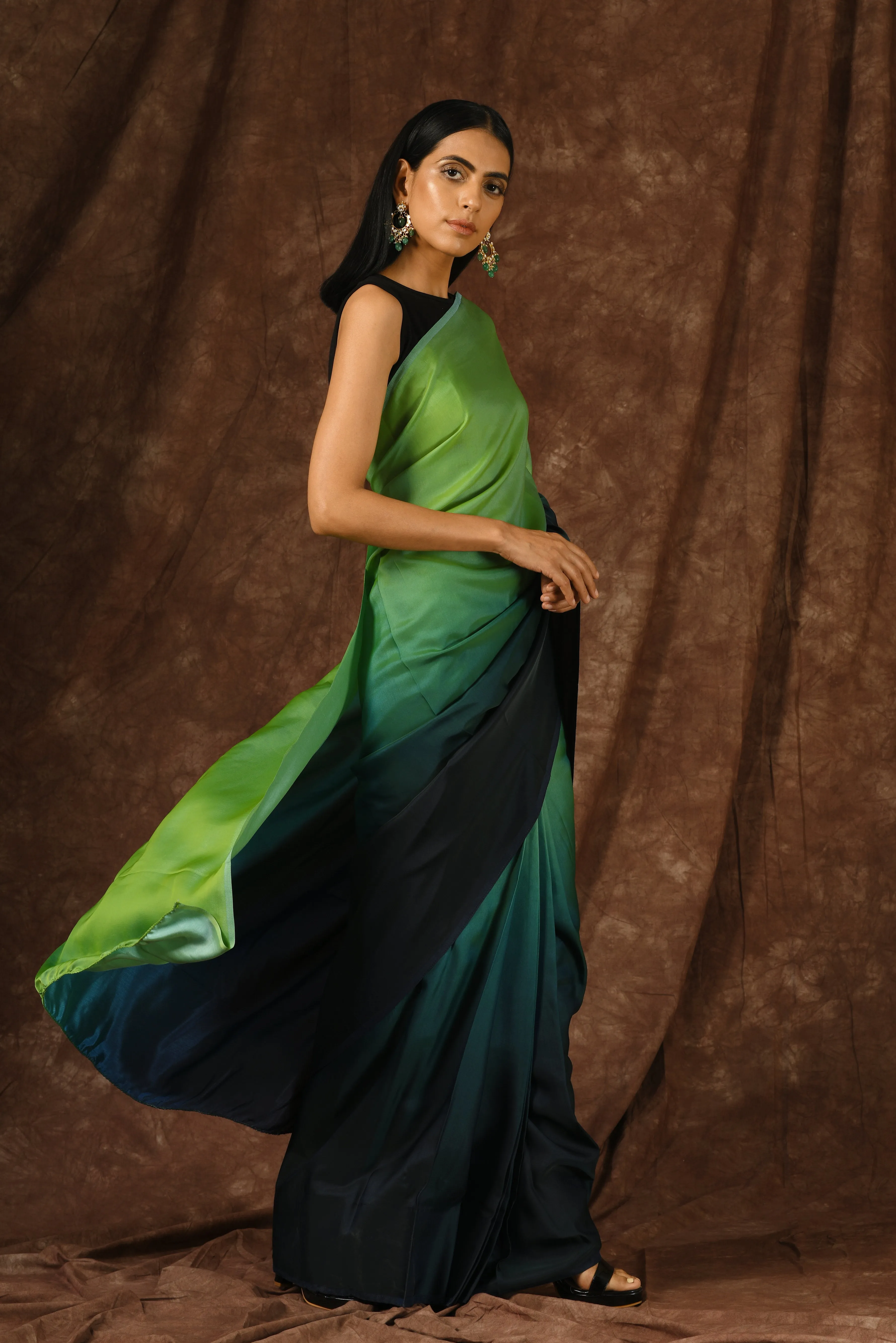 Light Green & Navy Satin Ombre' Saree