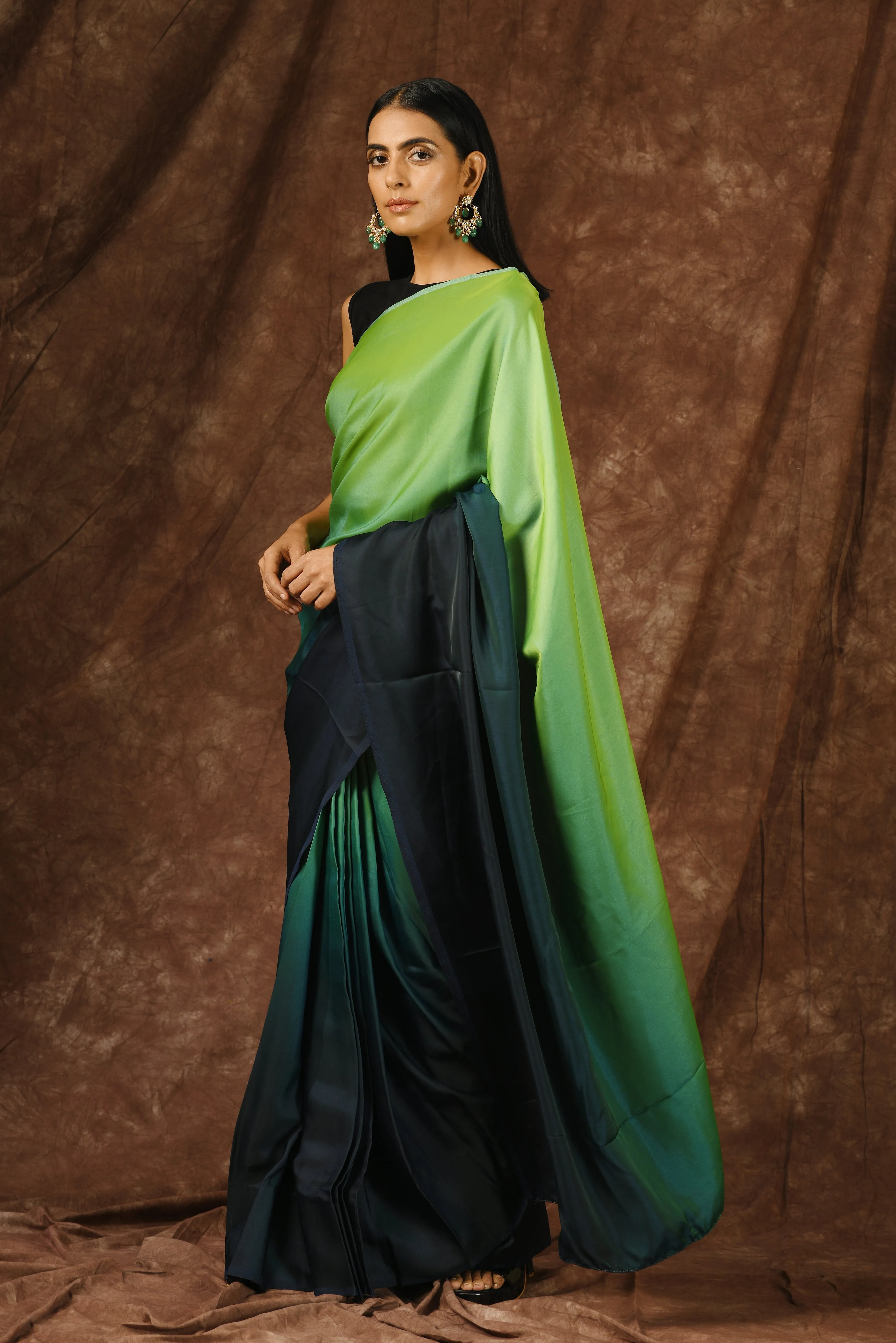 Light Green & Navy Satin Ombre' Saree