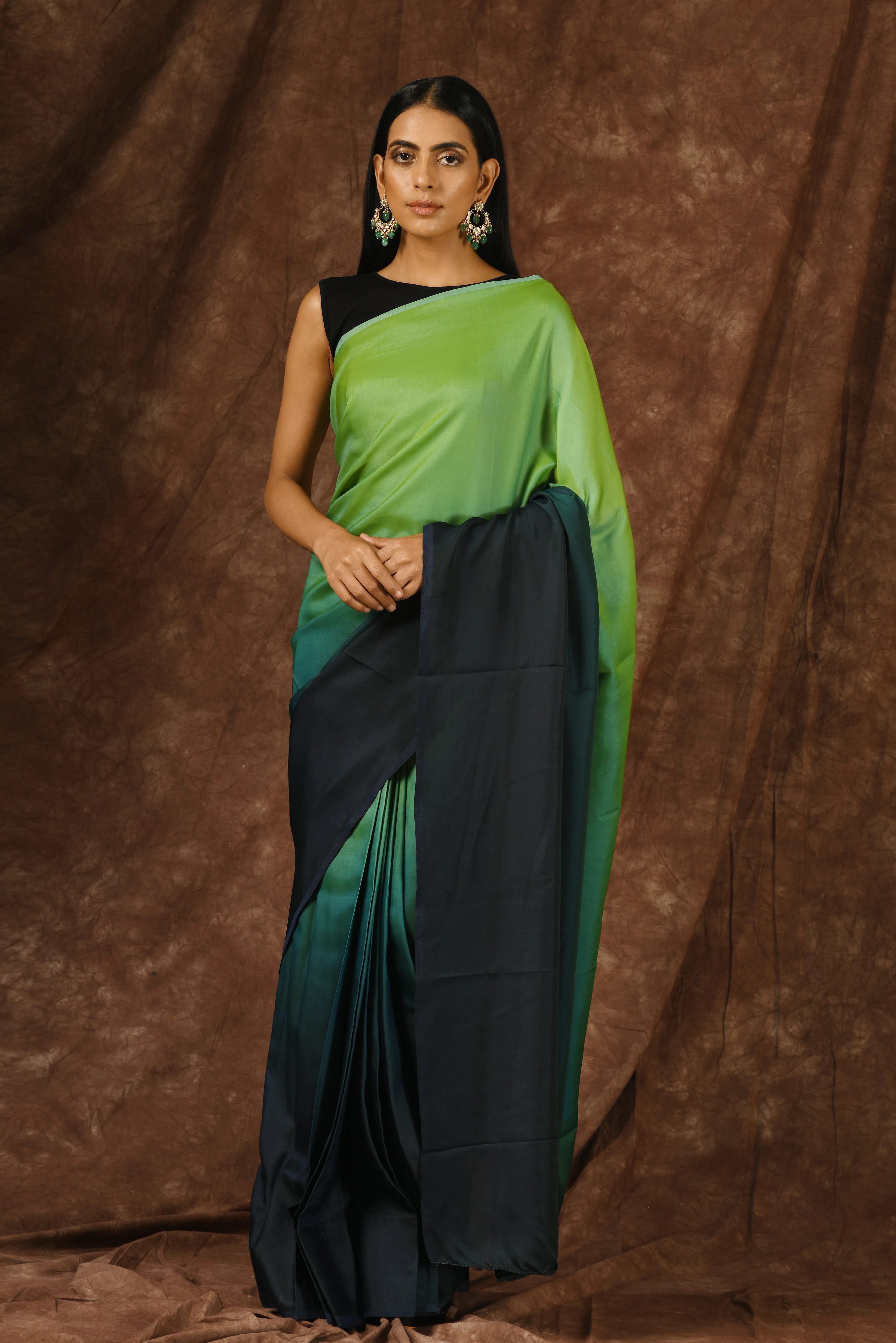 Light Green & Navy Satin Ombre' Saree