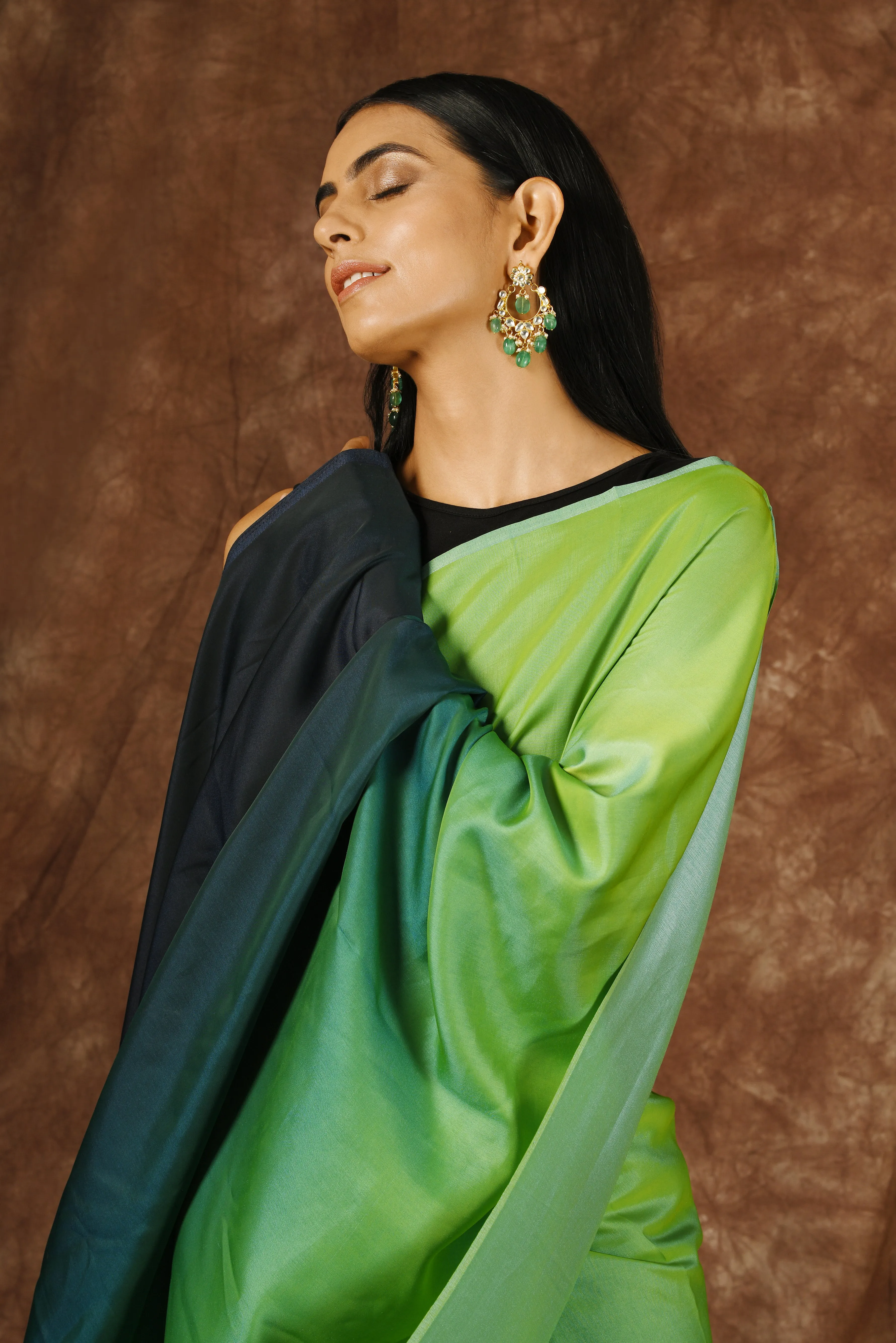 Light Green & Navy Satin Ombre' Saree