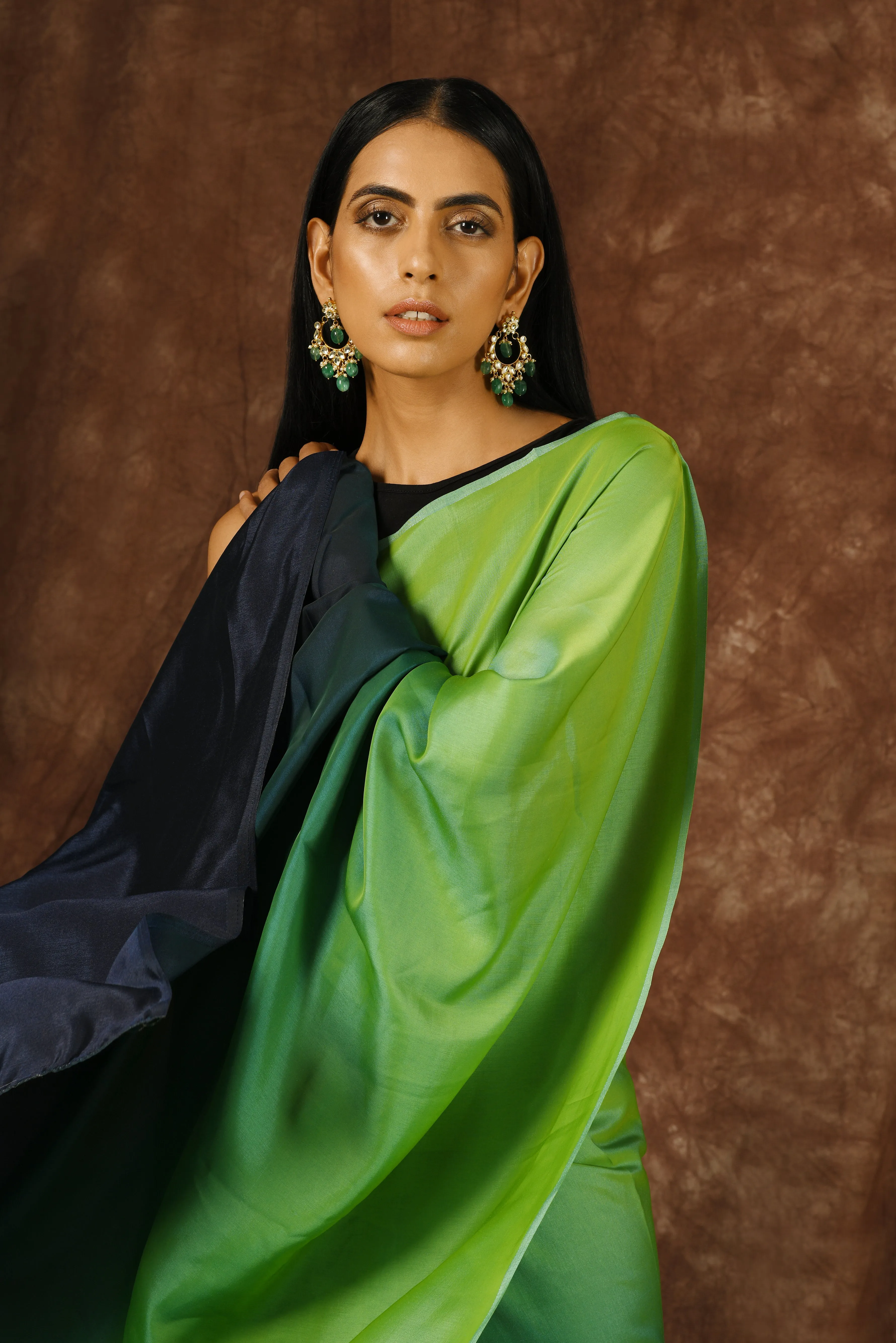 Light Green & Navy Satin Ombre' Saree