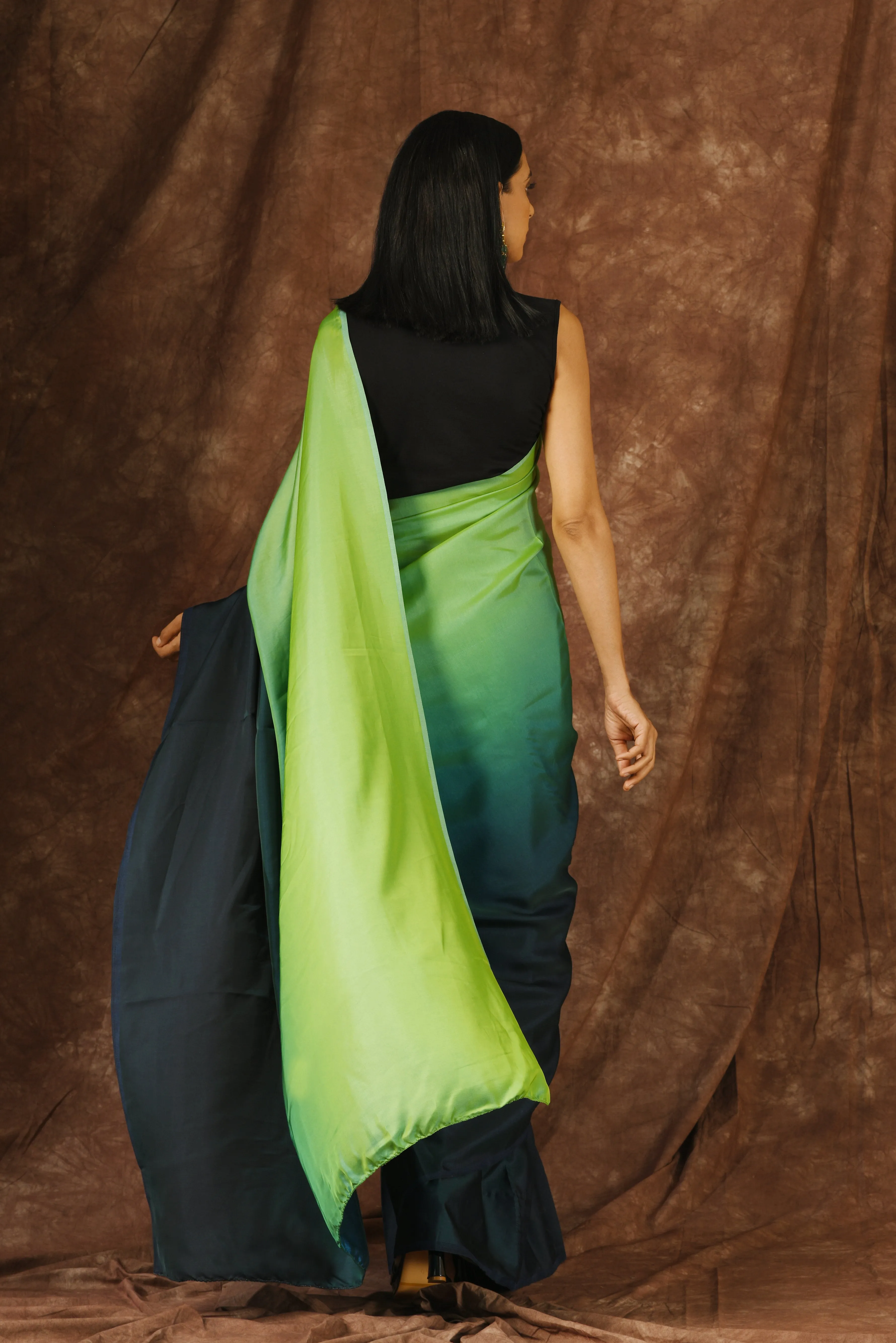 Light Green & Navy Satin Ombre' Saree