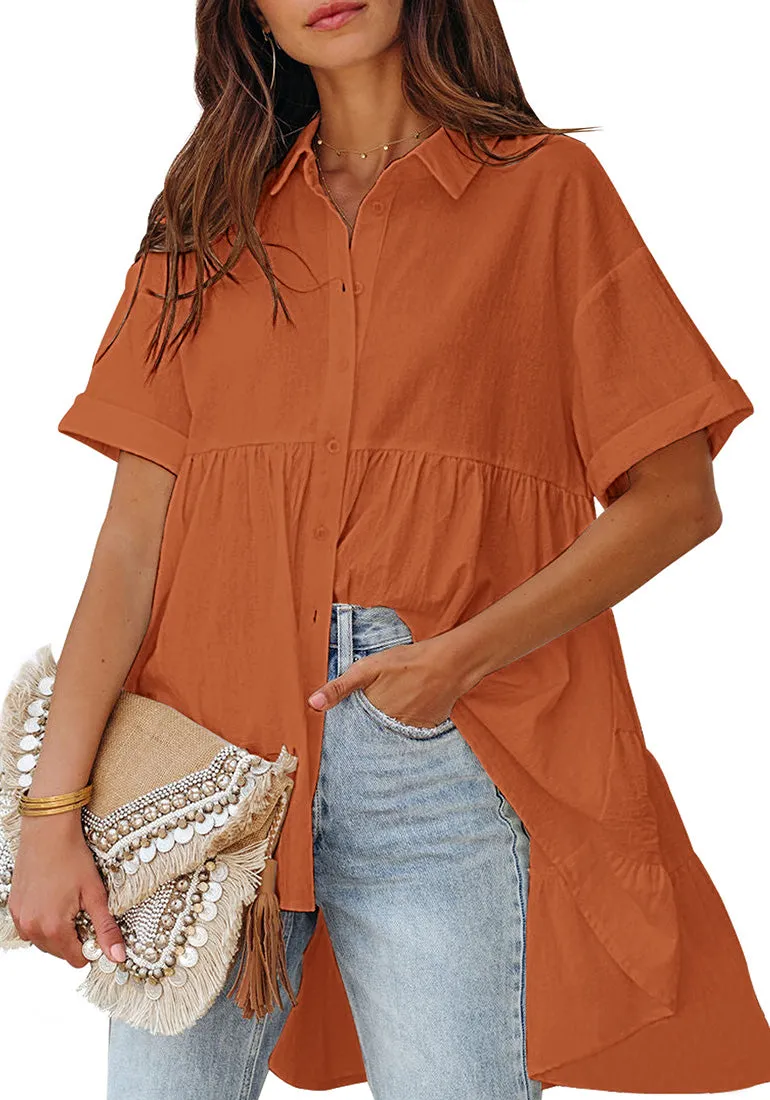 Mecca Orange 2023 Button Down Shirts for Women Oversized Short Sleeve Blouses Babydoll Flowy High Low Tunic Tops Summer