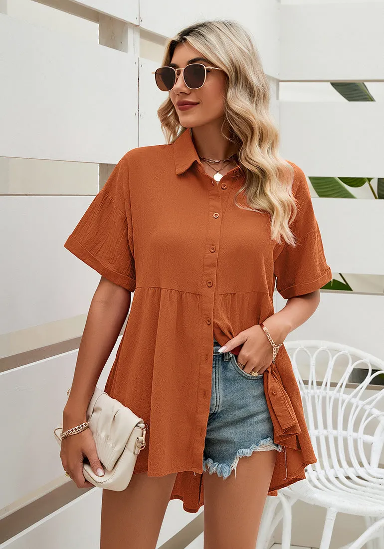 Mecca Orange 2023 Button Down Shirts for Women Oversized Short Sleeve Blouses Babydoll Flowy High Low Tunic Tops Summer