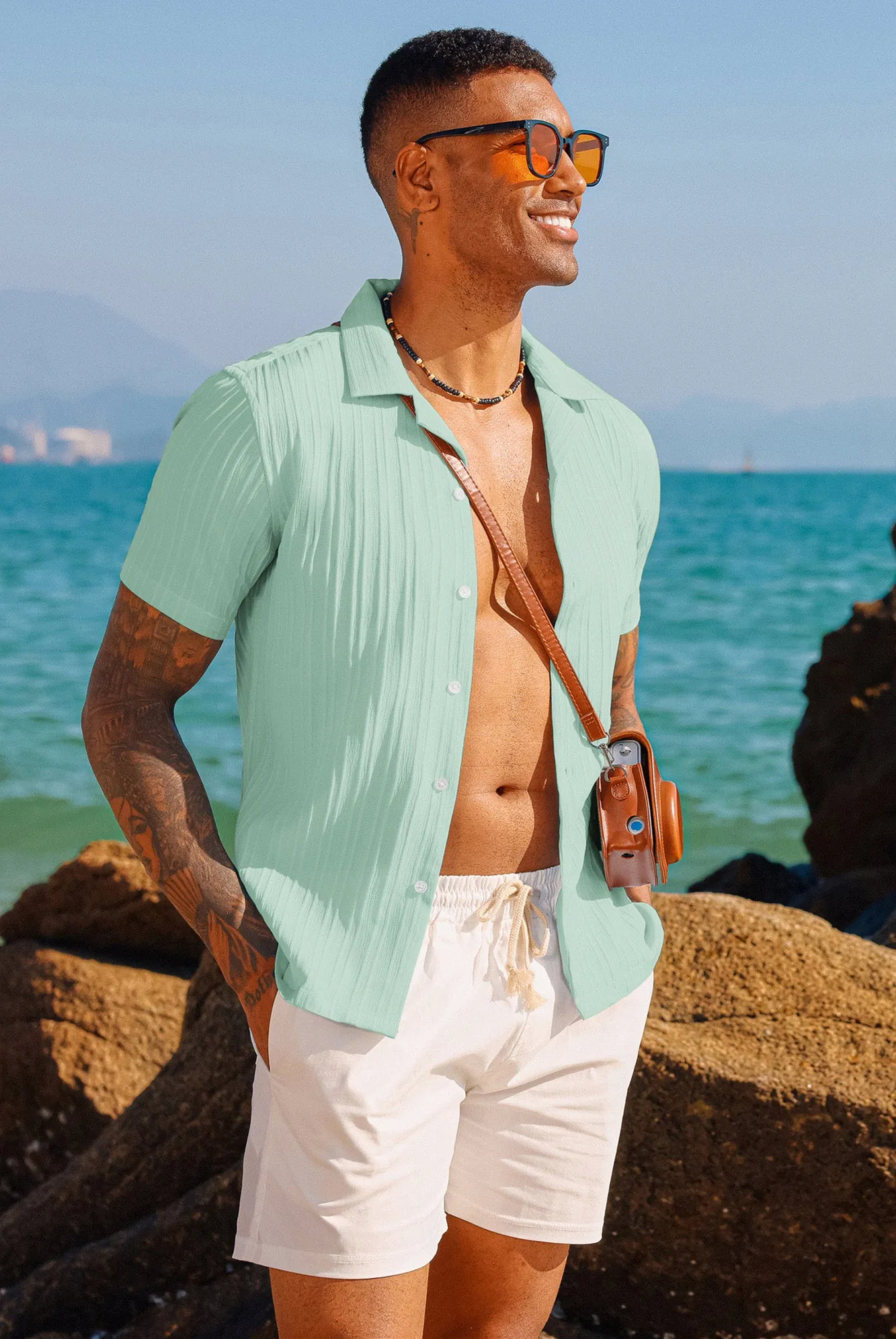 Men's Casual Button Down Shirts Short Sleeve Summer Shirts Wrinkle-Free Shirts Textured Beach Shirts