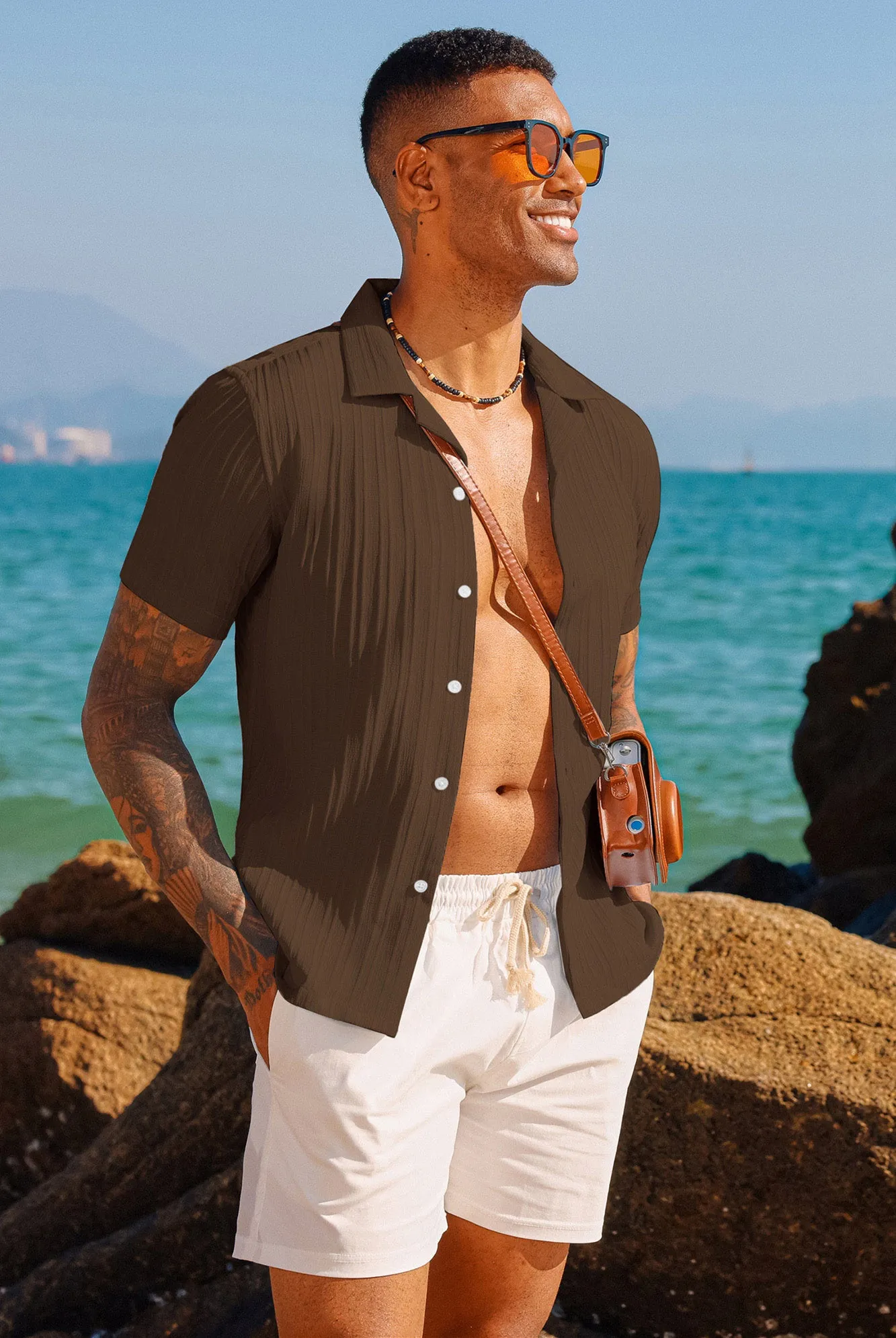 Men's Casual Button Down Shirts Short Sleeve Summer Shirts Wrinkle-Free Shirts Textured Beach Shirts