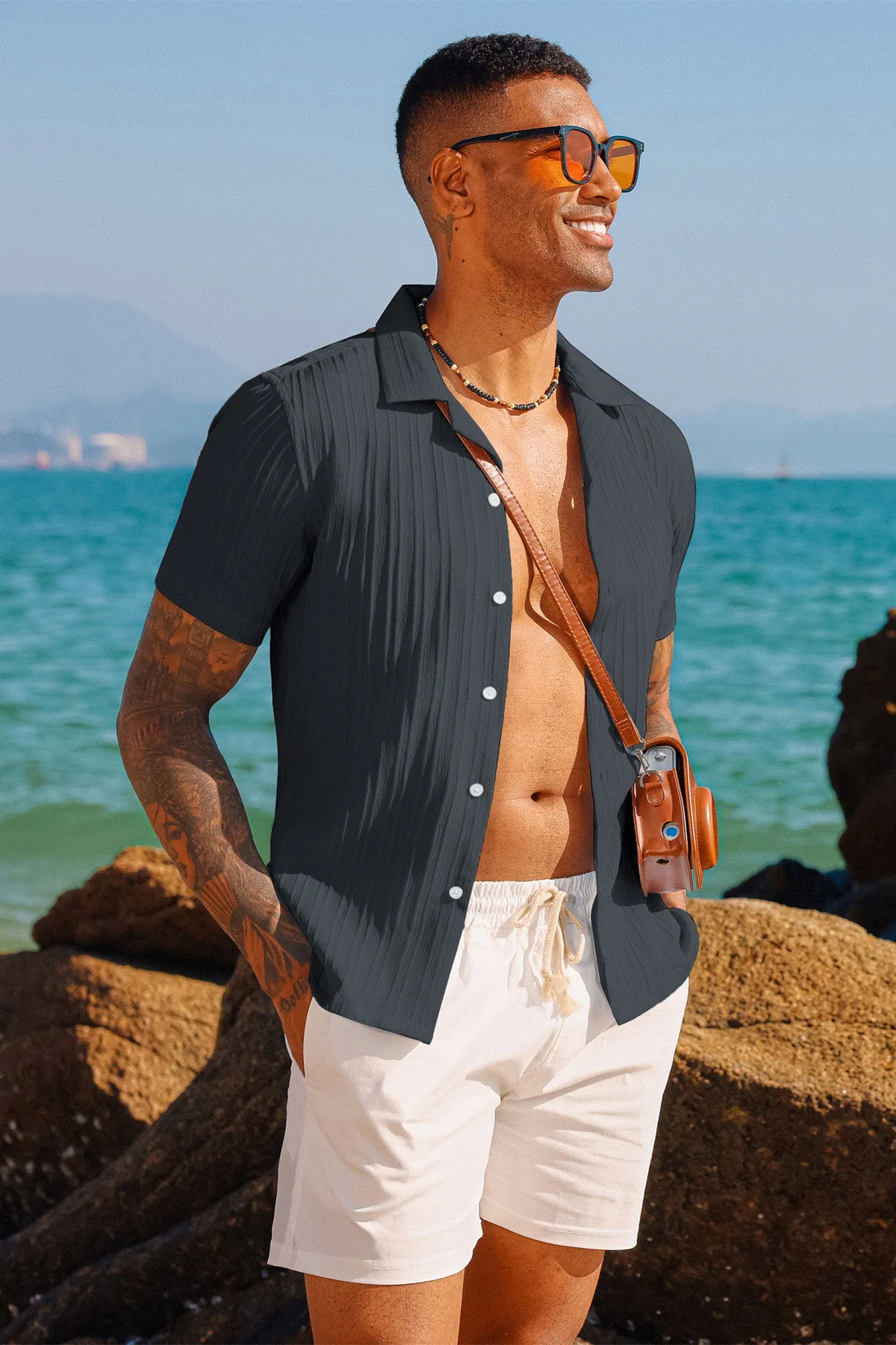 Men's Casual Button Down Shirts Short Sleeve Summer Shirts Wrinkle-Free Shirts Textured Beach Shirts