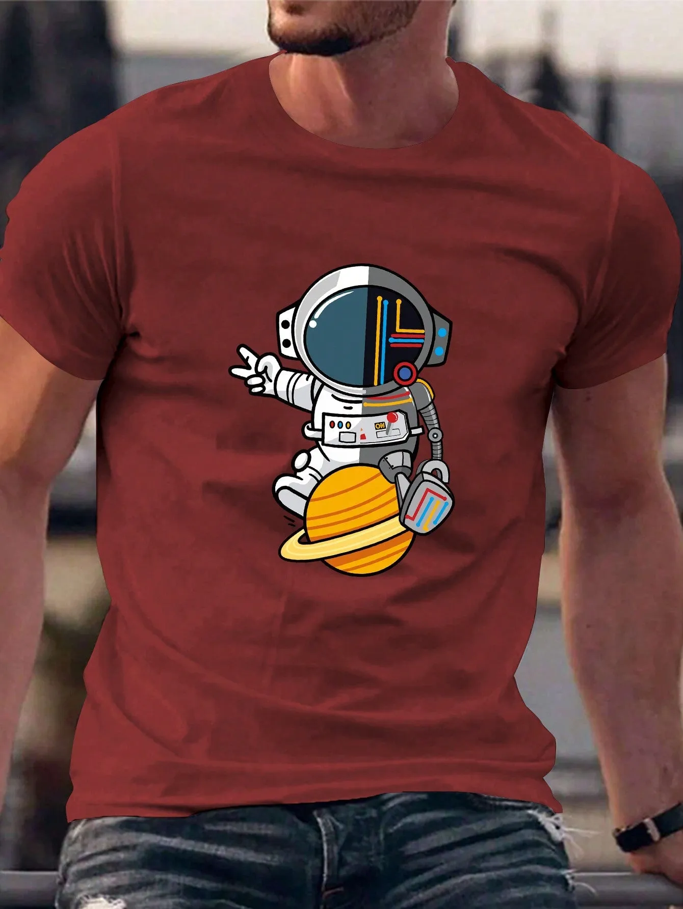 Men's Casual Cotton Astronaut Print Tee - Short Sleeve, Round Neck, Slight Stretch