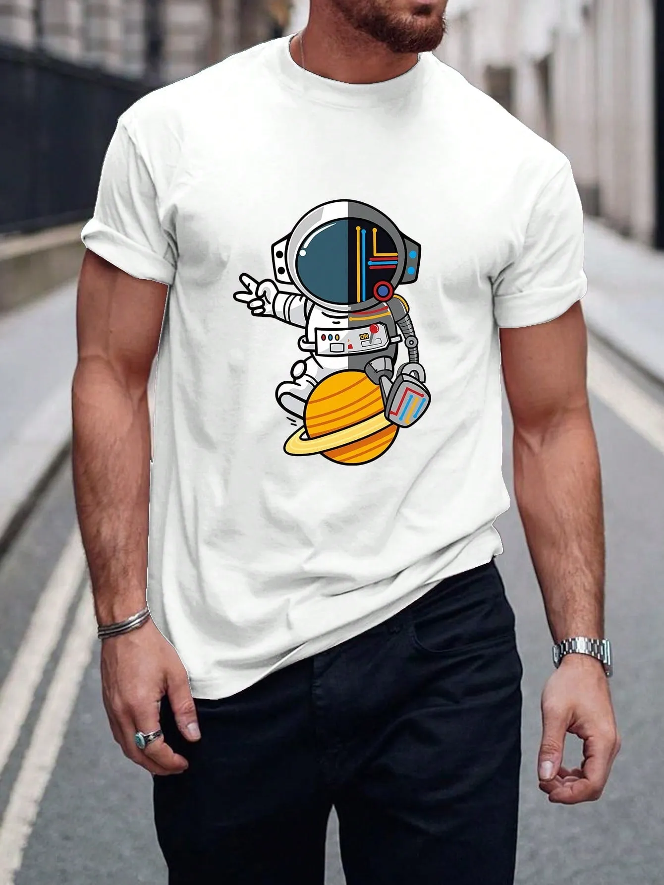 Men's Casual Cotton Astronaut Print Tee - Short Sleeve, Round Neck, Slight Stretch