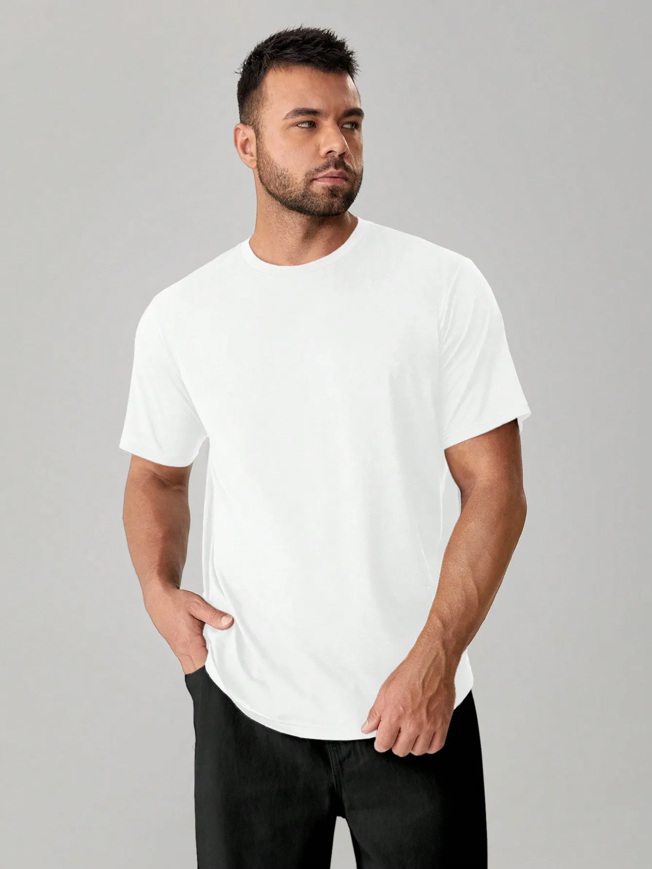 Men's Casual Solid Round Neck Tee, Short Sleeve, Regular Fit, Slight Stretch