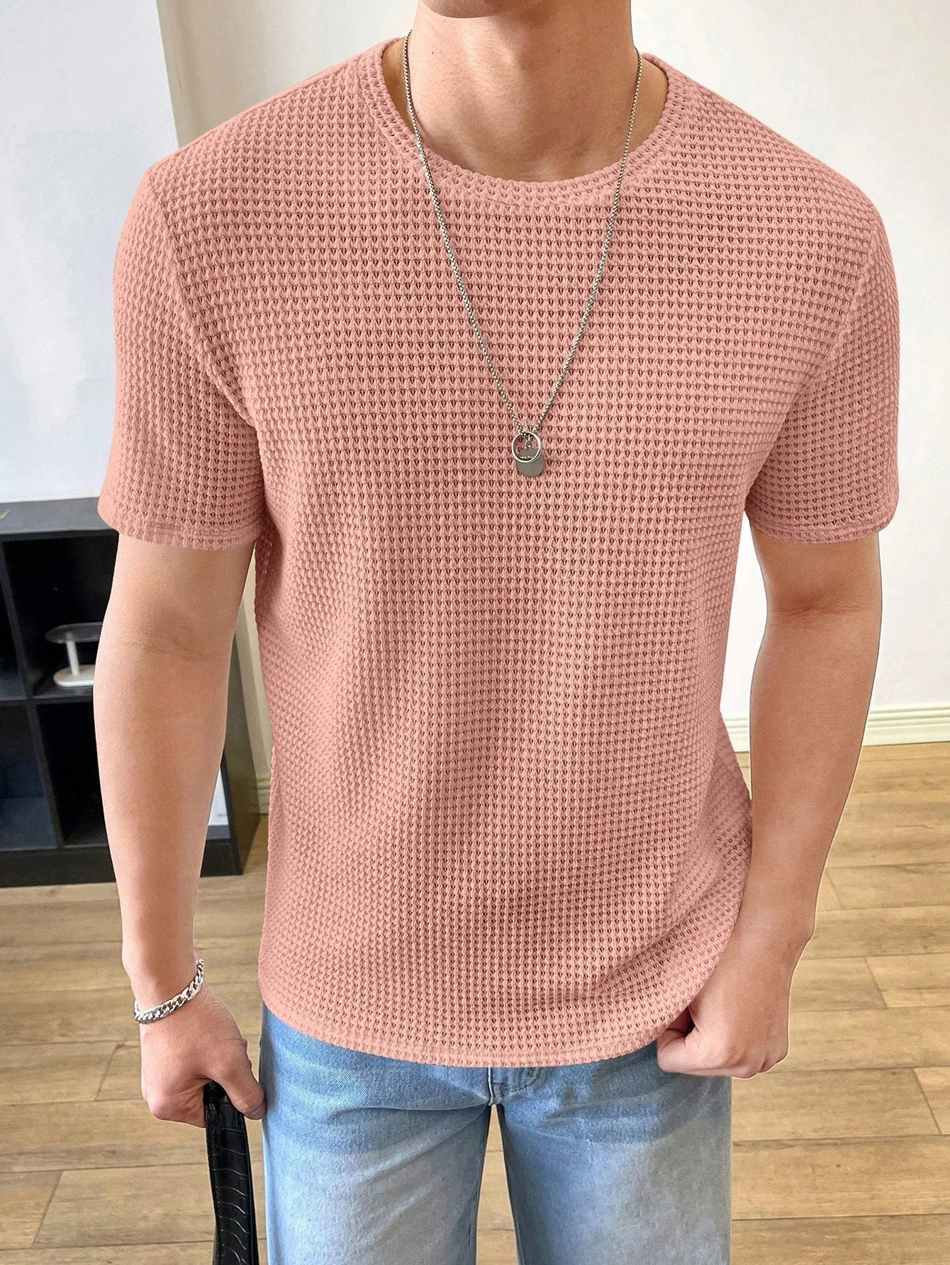 Men's Casual Solid Waffle Knit Tee, Round Neck, Short Sleeve, Regular Fit