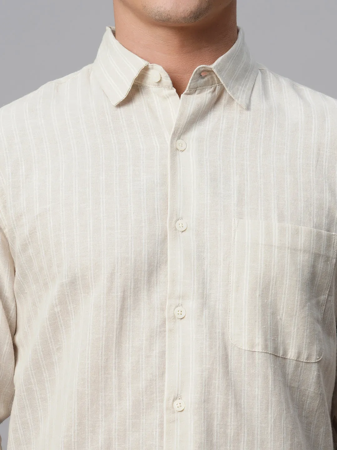 Men's Khaki Linen Cotton Regular Fit Striped Shirt