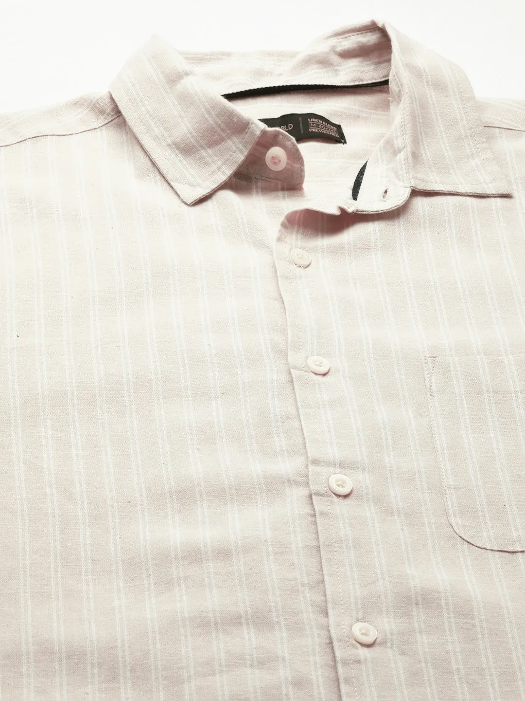 Men's Khaki Linen Cotton Regular Fit Striped Shirt